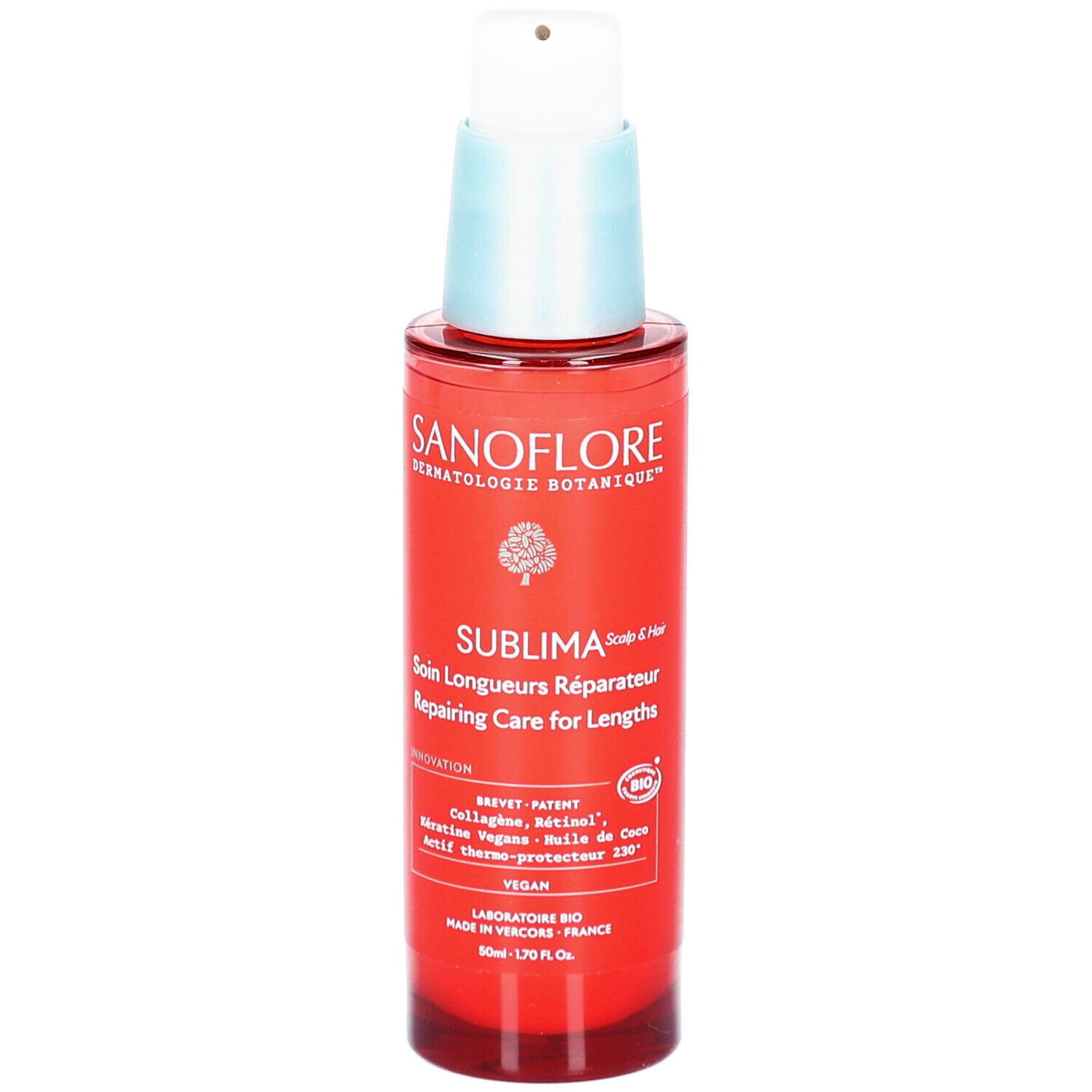 Flacon rouge avec pompe blanche. Inscriptions: SANOFLORE, SUBLIMA, Soin Longueurs Réparateur. Logo Vegan.