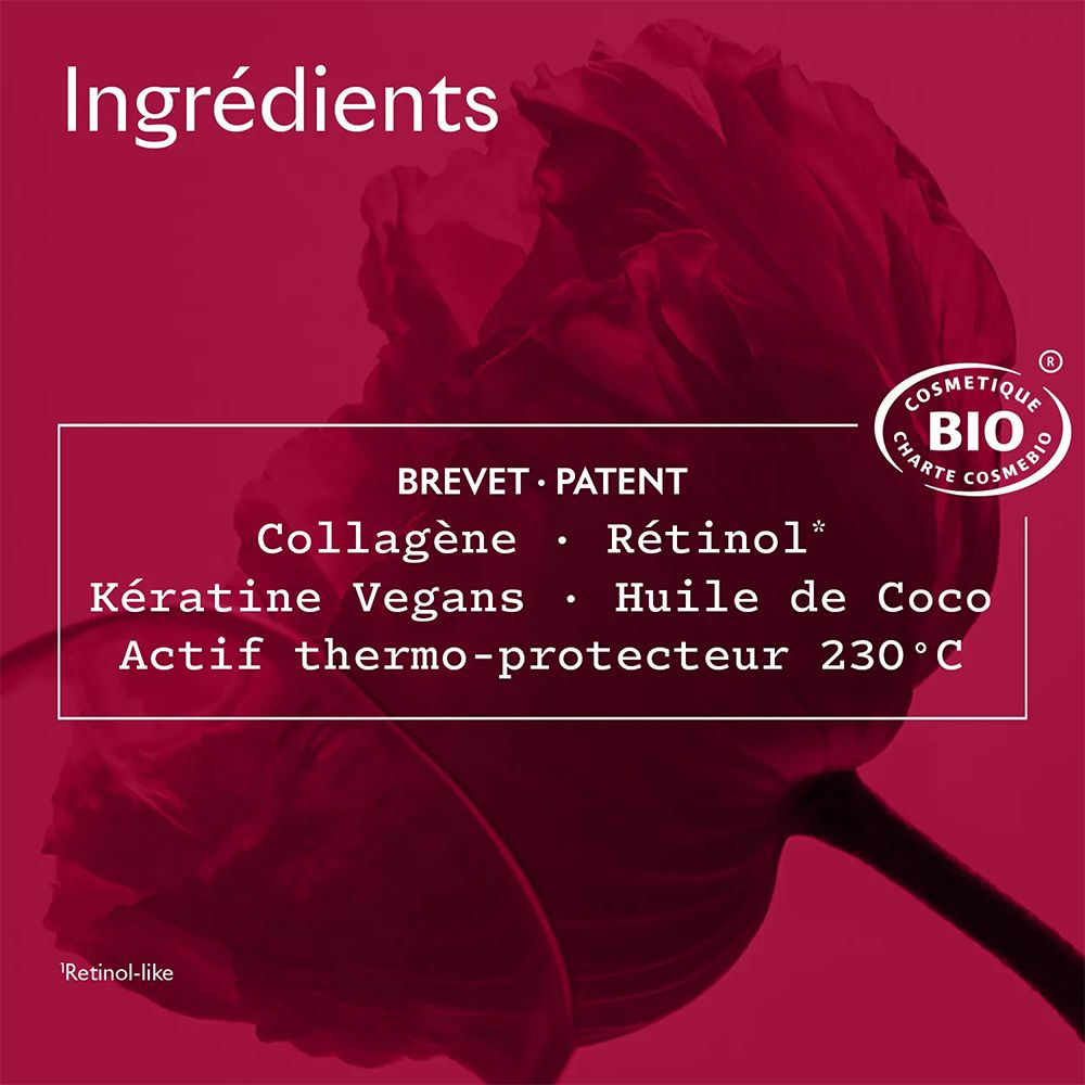 Texte sur fond rouge. Ingrédients: Collagène, Rétinol, Kératine Vegans, Huile de Coco, Actif thermo-protecteur 230°C. Bio.