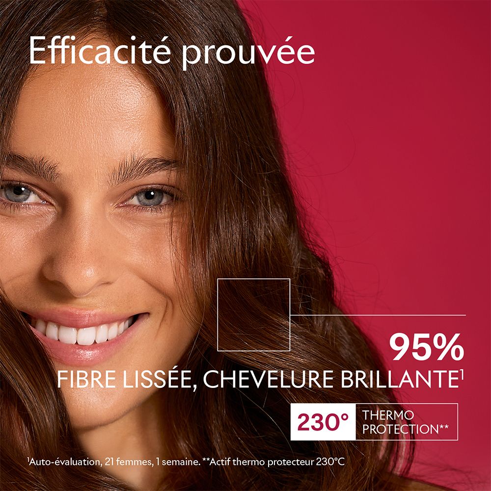 Femme aux cheveux brillants. Texte: 95% fibre lissée, cheveux brillants. Protection thermique 230°C.