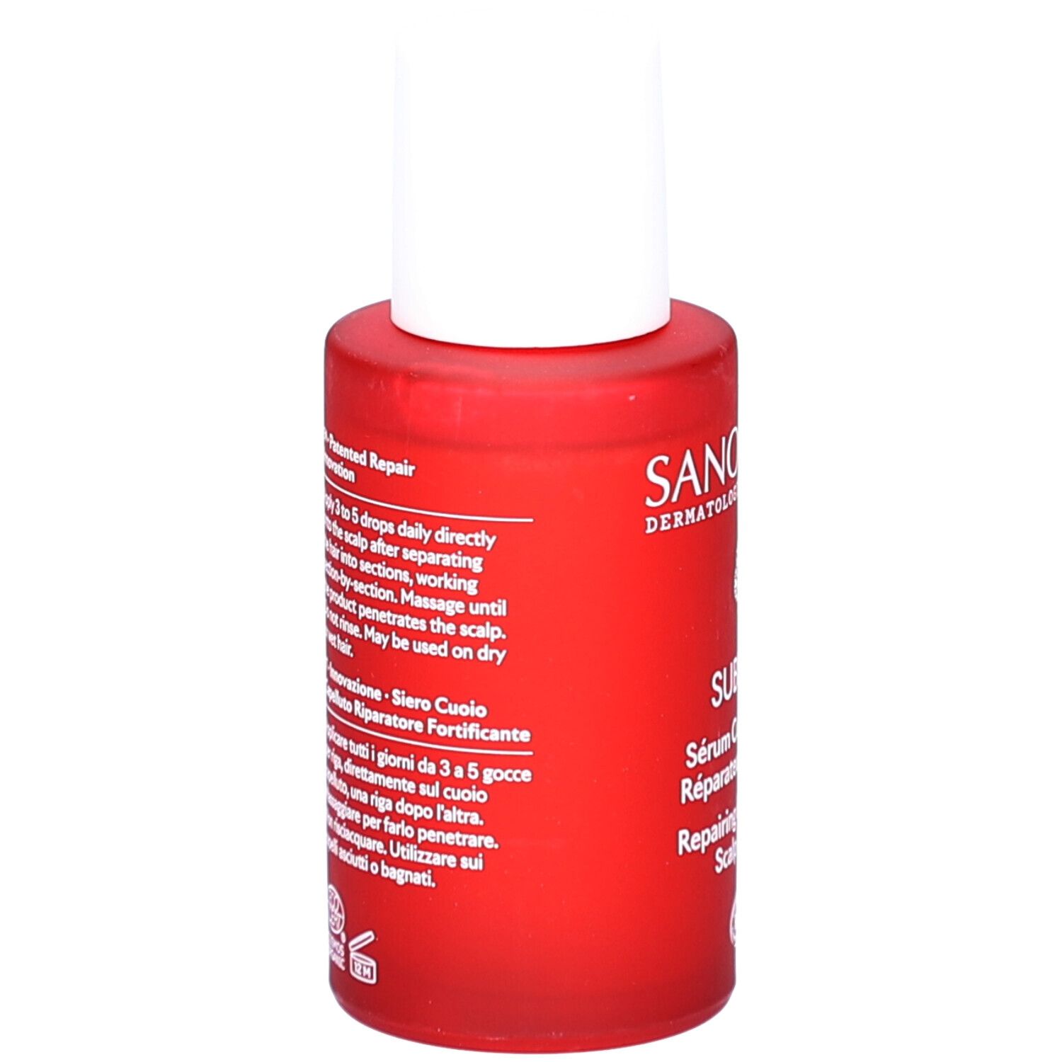 Rode fles met witte dop. Meertalige tekst. Productinformatie en instructies.