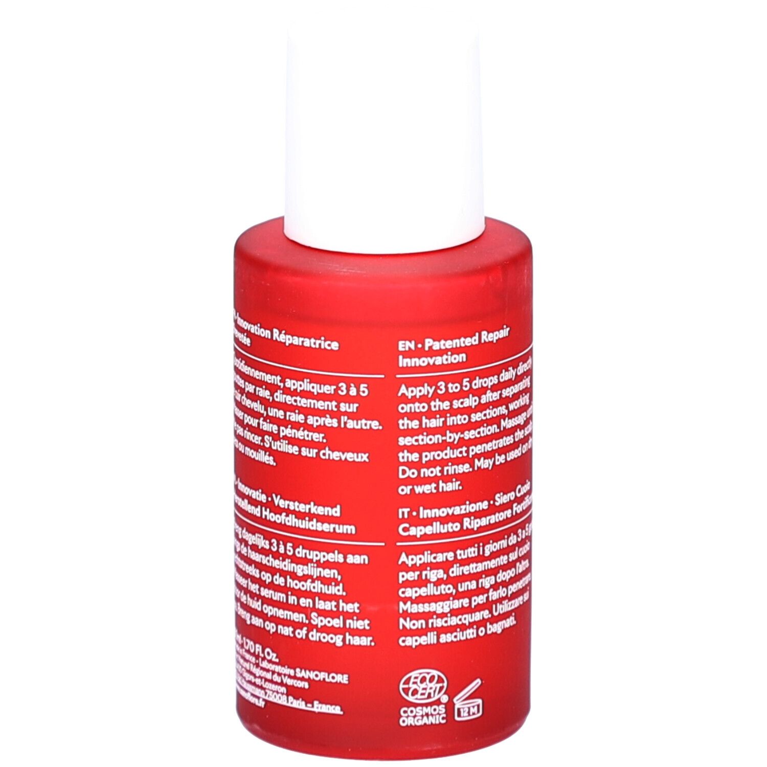 Rode fles met witte dop. Meertalige tekst. Productinformatie en instructies.