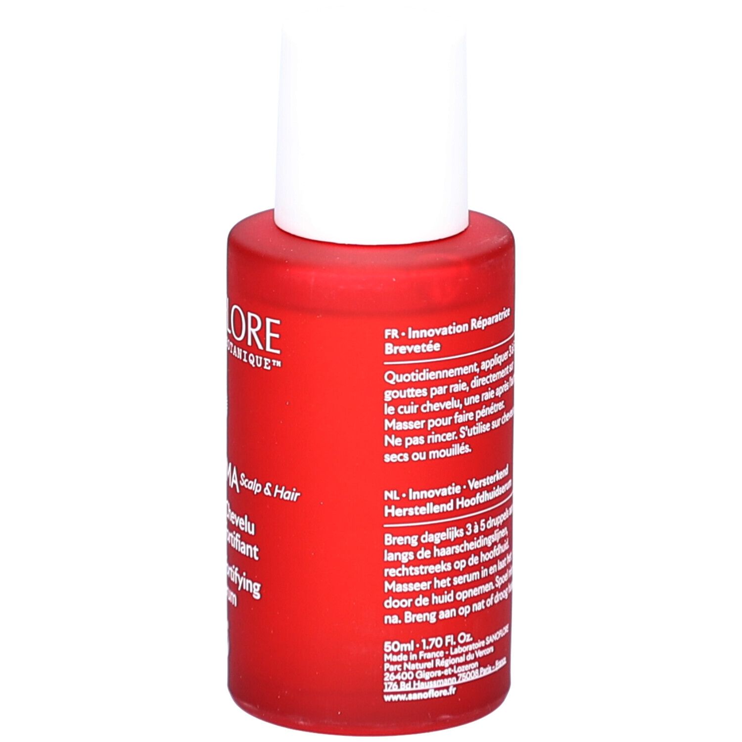 Rode fles met witte dop. Meertalige tekst. Productinformatie en instructies.