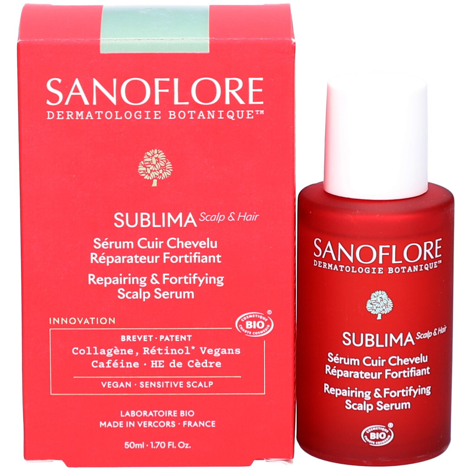 Productfles en verpakking. Rode fles met witte dop. Opschrift: SANOFLORE, SUBLIMA, Sérum Cuir Chevelu, Réparateur Fortifiant.