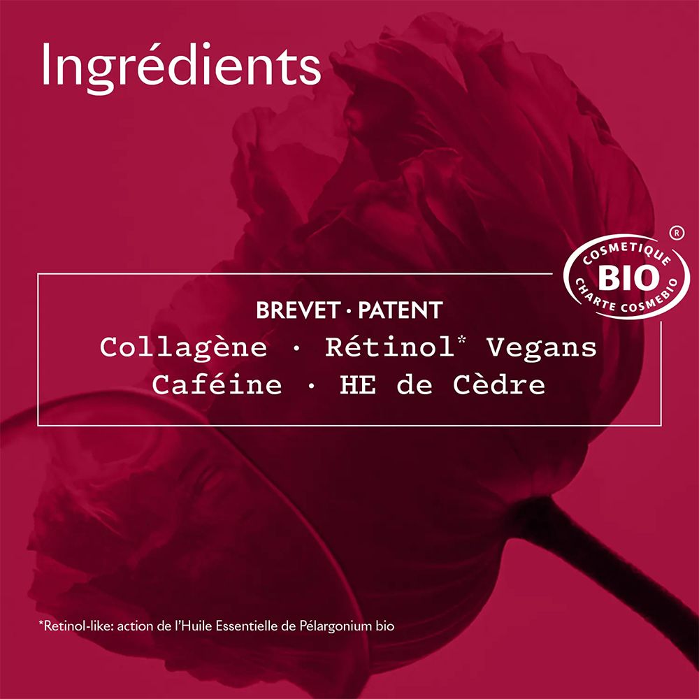 Tekst op rode achtergrond. Ingrediënten: Collageen, Retinol, Vegans, Cafeïne, HE de Cèdre. Bio-certificering.