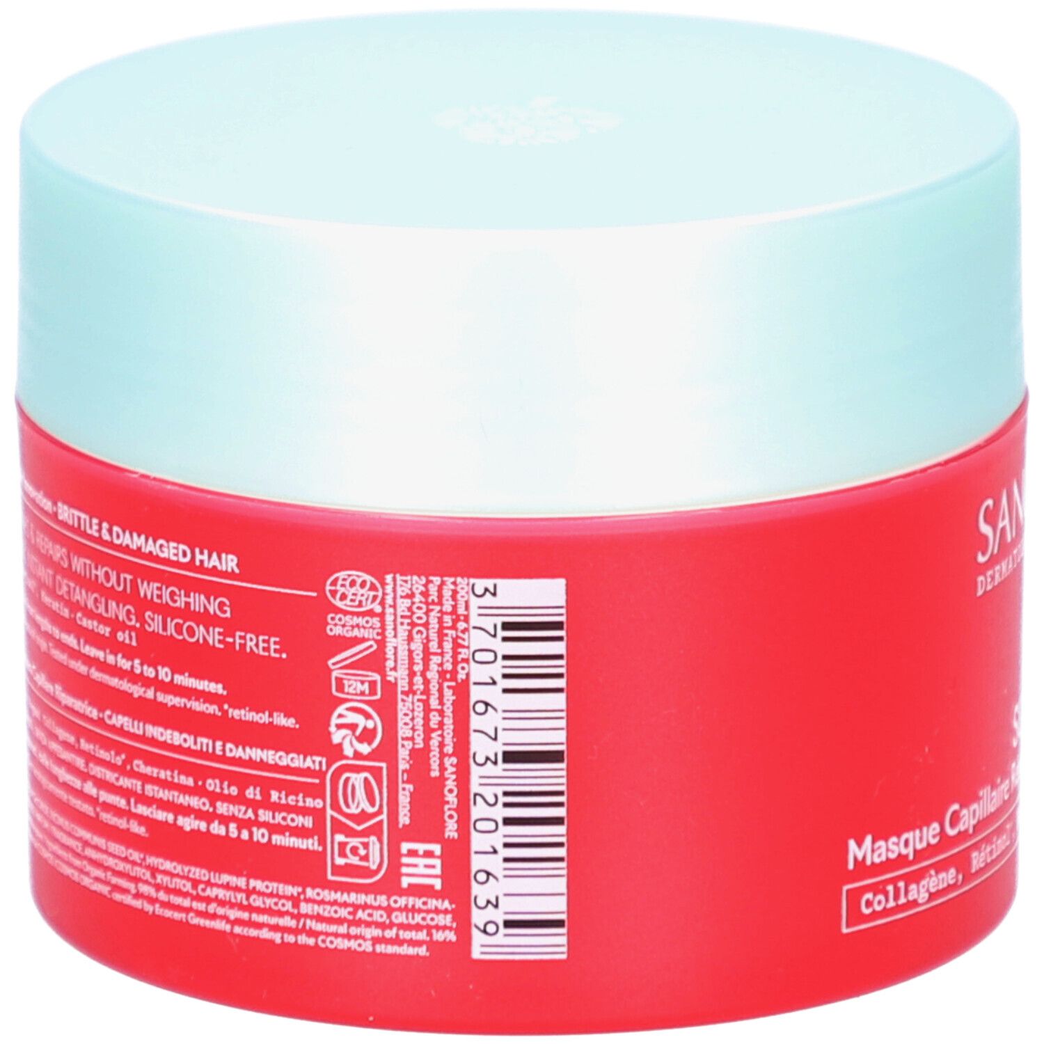 Rode pot met lichtblauw deksel. Achterkant met tekst en barcode. Bevat informatie over het product en ingrediënten.