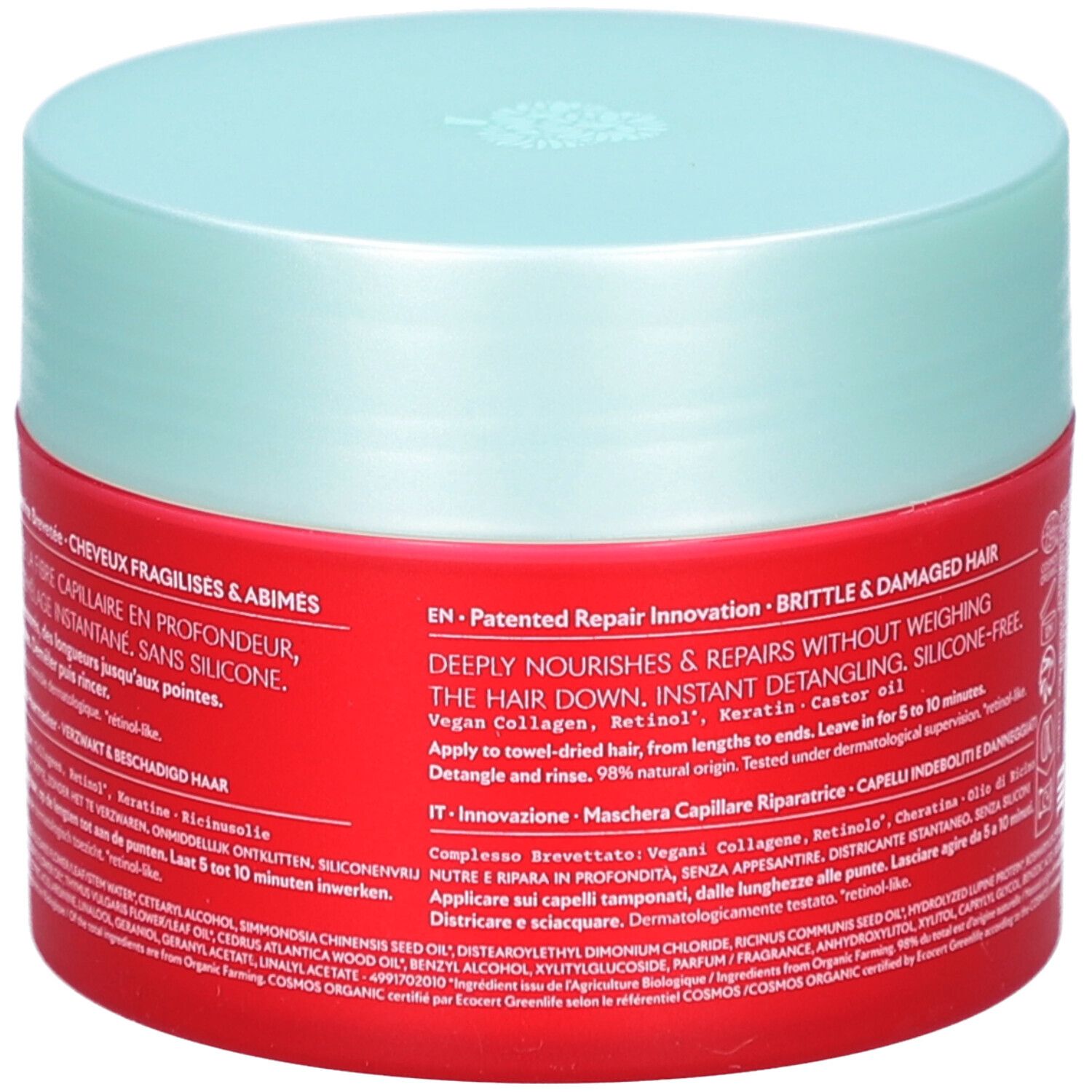 Rode pot met lichtblauw deksel. Achterkant met tekst. Bevat informatie over gebruik en ingrediënten.