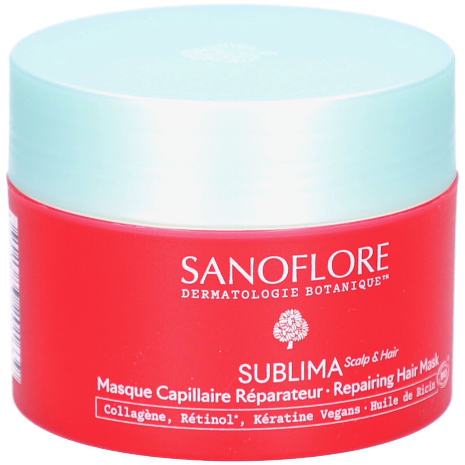 Rode pot met lichtblauw deksel. Opschrift: SANOFLORE, SUBLIMA, Masque Capillaire Réparateur. Bevat collageen, retinol, keratine.
