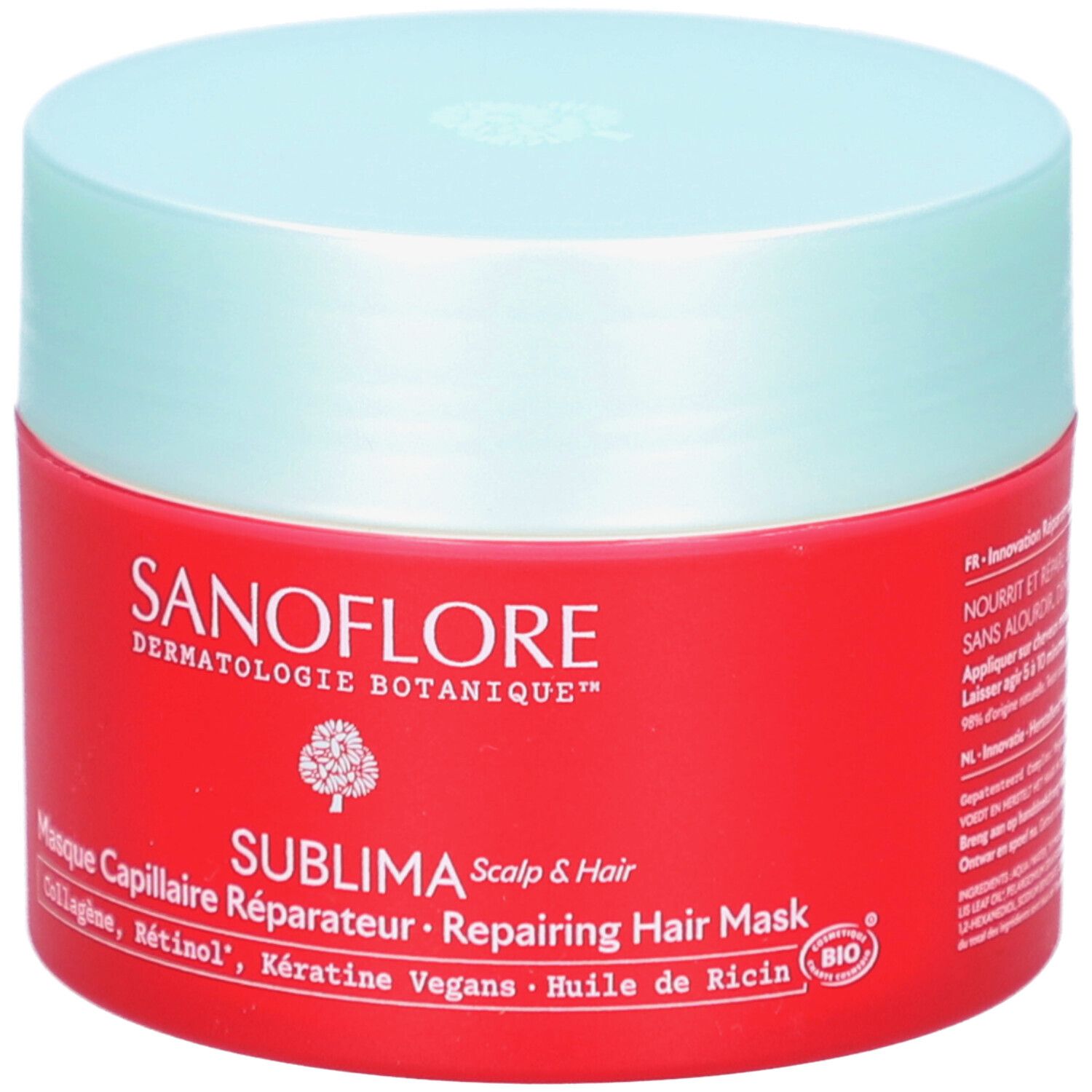 Rode pot met lichtblauw deksel. Opschrift: SANOFLORE, SUBLIMA, Masque Capillaire Réparateur. Bevat collageen, retinol, keratine.