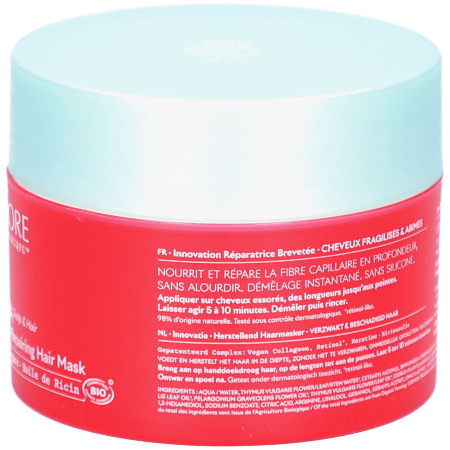 Rode pot met lichtblauw deksel. Achterkant met tekst. Bevat informatie over gebruik en ingrediënten.