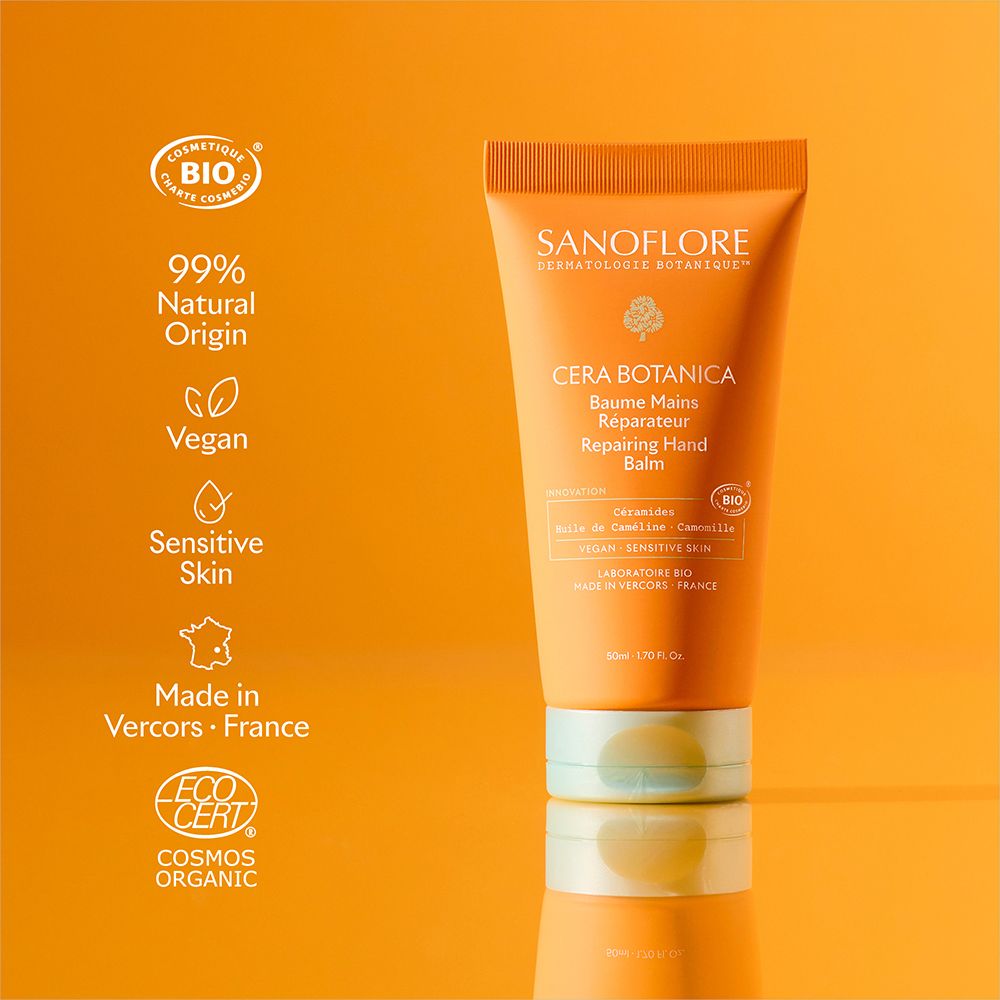 Oranje tube met groene dop. Tekst: SANOFLORE, Cera Botanica. Bio-label, Vegan, Cosmos Organic.