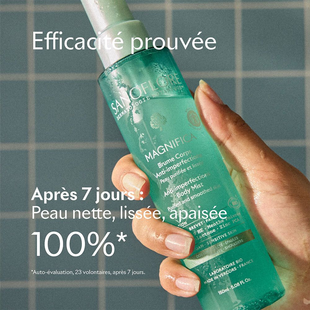 Productfles met tekst: Efficacité prouvée. Tekst: Après 7 jours: Peau nette, lissée, apaisée. 100%.