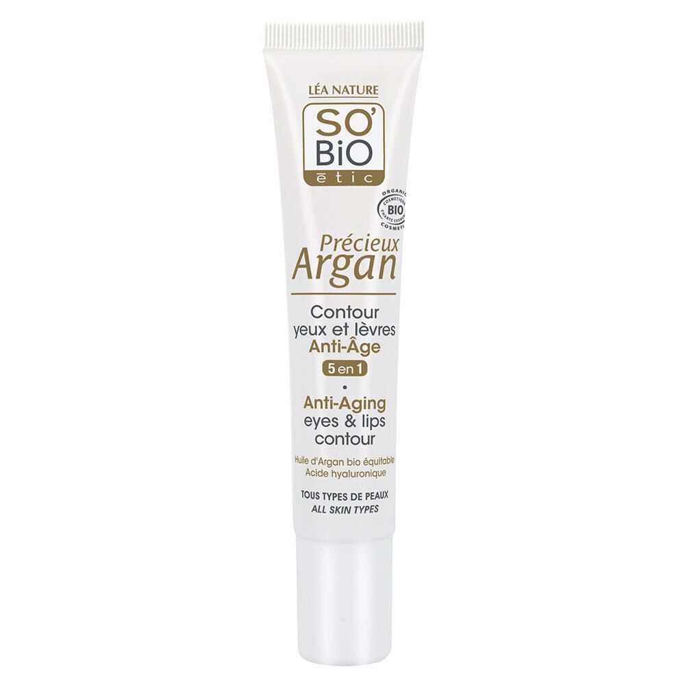 Witte tube SO'BiO étic. Tekst: Précieux Argan, Contour yeux et lèvres Anti-Âge 5 en 1. Met bio Arganolie en hyaluronzuur.