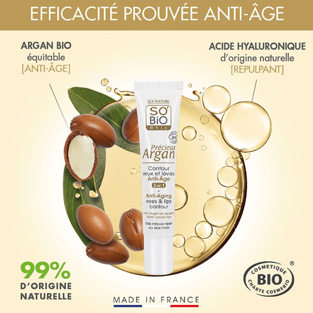 Afbeelding met argan noten en bladeren. Tekst: Argan bio, acide hyaluronique, 99% d'origine naturelle, Cosmetique Bio.