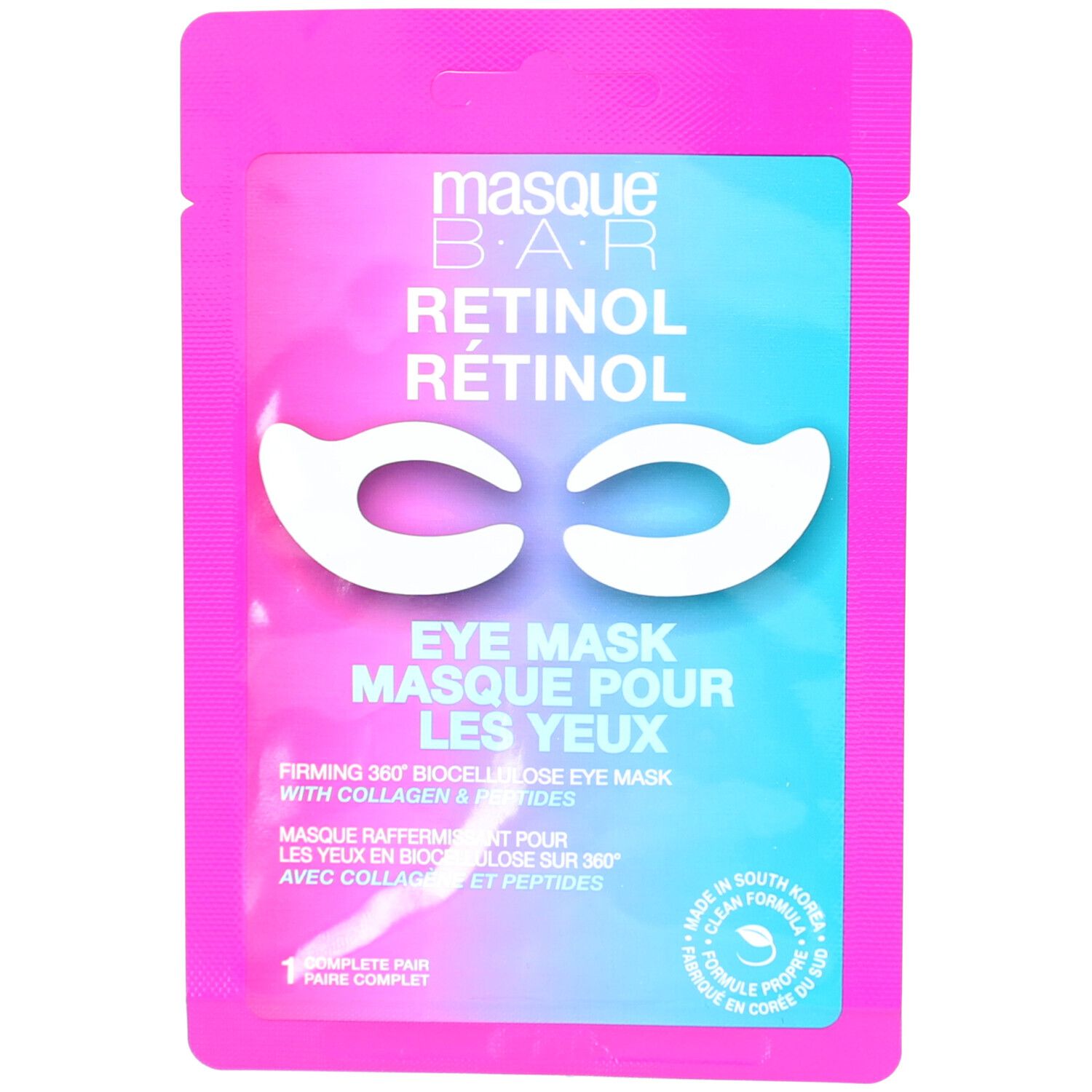 Sachet rose et bleu contenant deux patchs blancs pour les yeux. Texte: Retinol, Eye Mask, Masque pour les yeux, avec collagène et peptides.