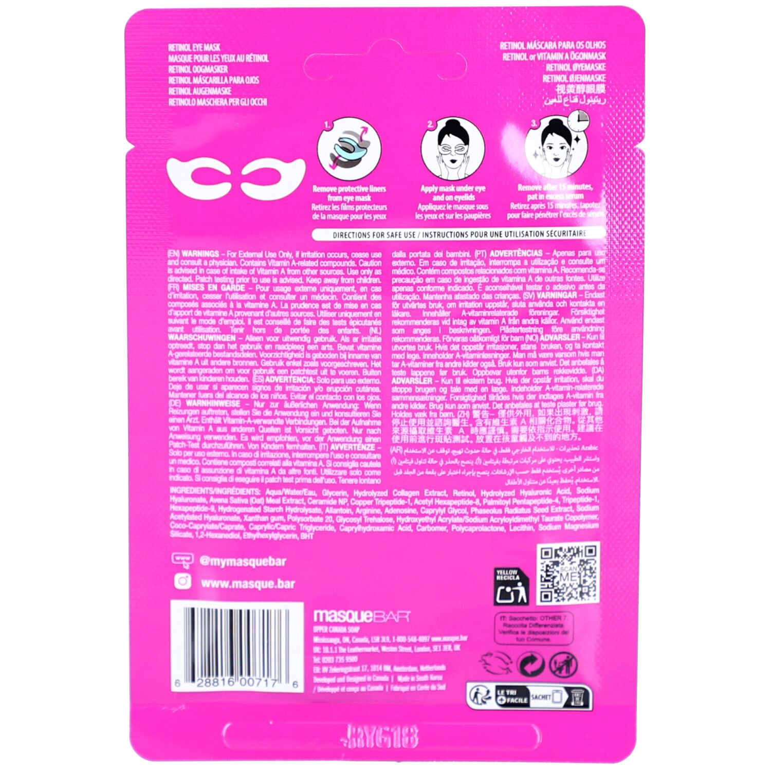 Dos du sachet de masque pour les yeux. Fond rose avec texte et illustrations. Contient des informations sur l'utilisation et les ingrédients.