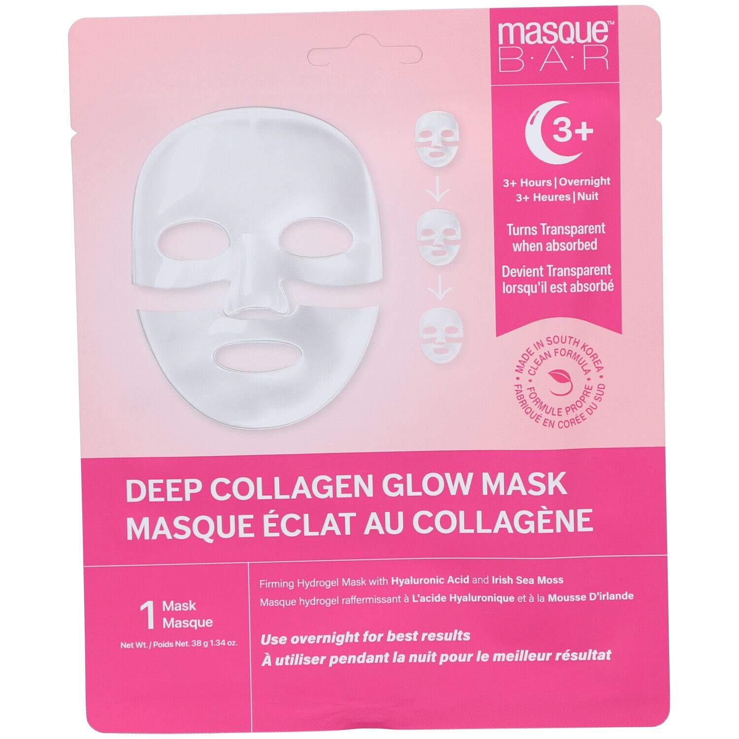 Emballage rose avec masque facial. Texte: Deep Collagen Glow Mask, Masque Eclat au Collagène. Marque: masque BAR. 3+ heures.