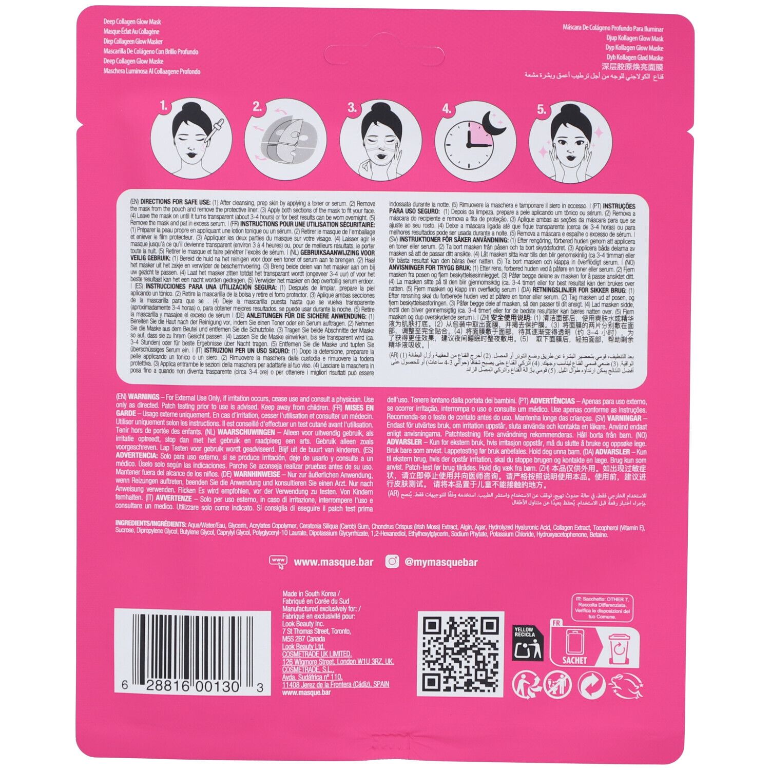 Dos de l'emballage rose. Texte: Mode d'emploi, avertissements. Code QR. Marque: masque BAR. Fabriqué en Corée du Sud.