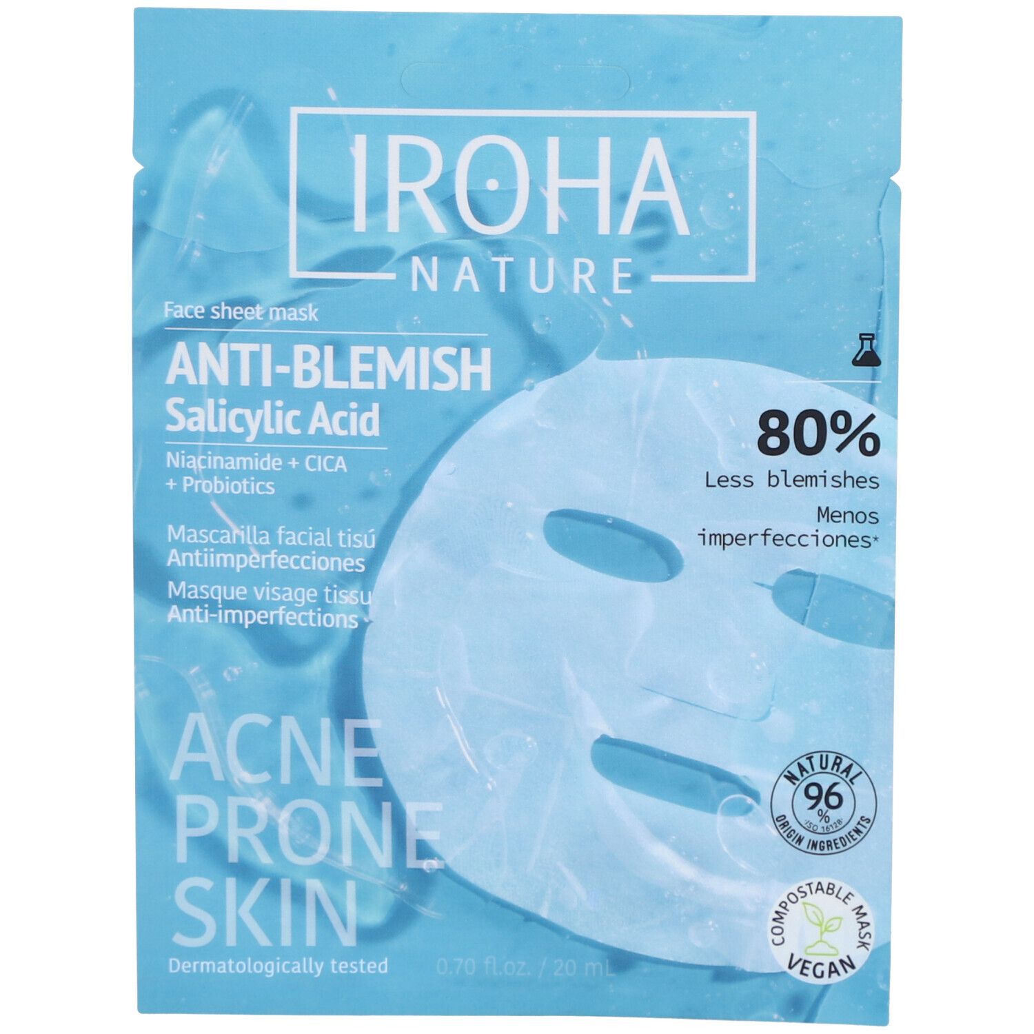 Gezichtsmasker in blauwe verpakking. Tekst: Anti-onzuiverheden, salicylzuur, niacinamide, CICA en probiotica. Voor acnegevoelige huid.