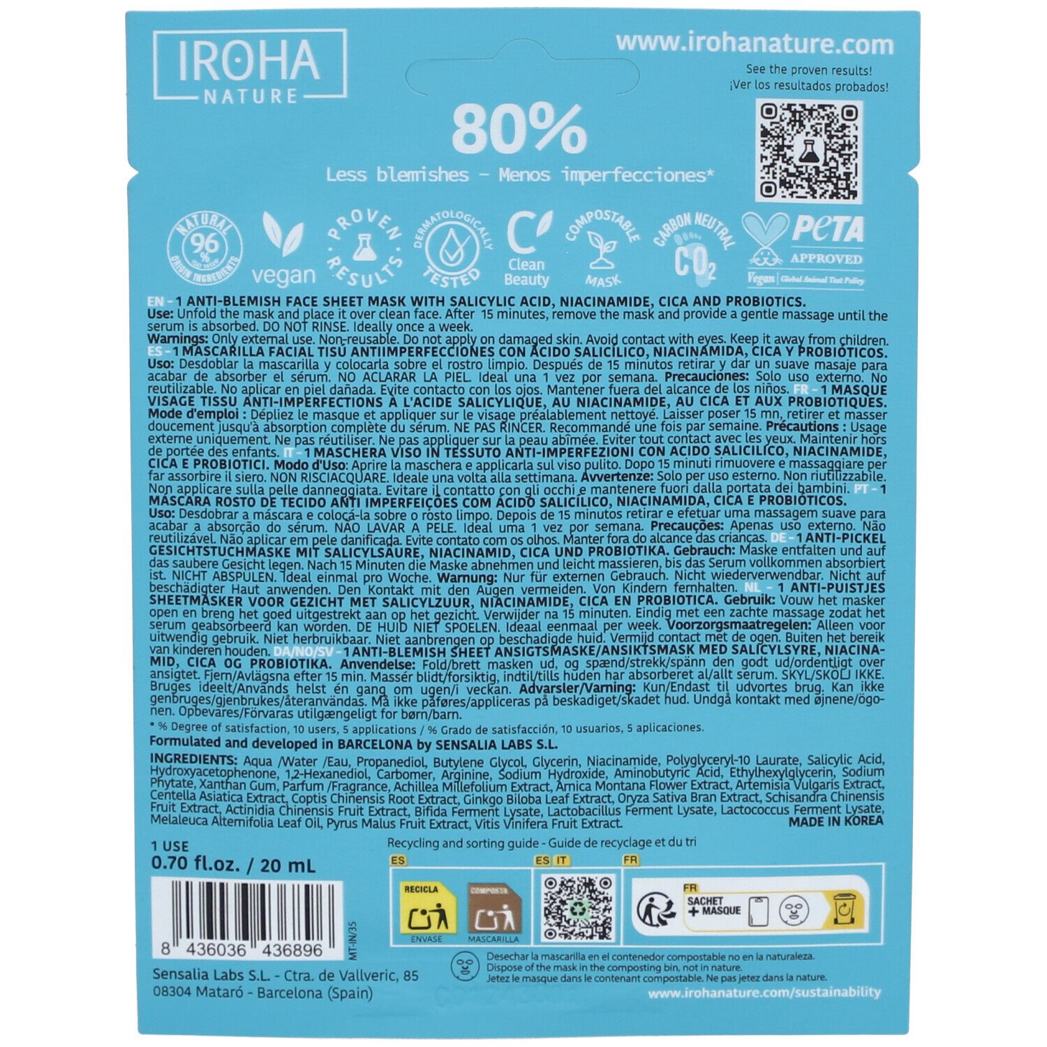 Achterkant van de gezichtsmaskerverpakking. Tekst: Gebruiksaanwijzing, ingrediënten, fabrikant. Certificeringen: Vegan, CO2 neutraal, PETA.