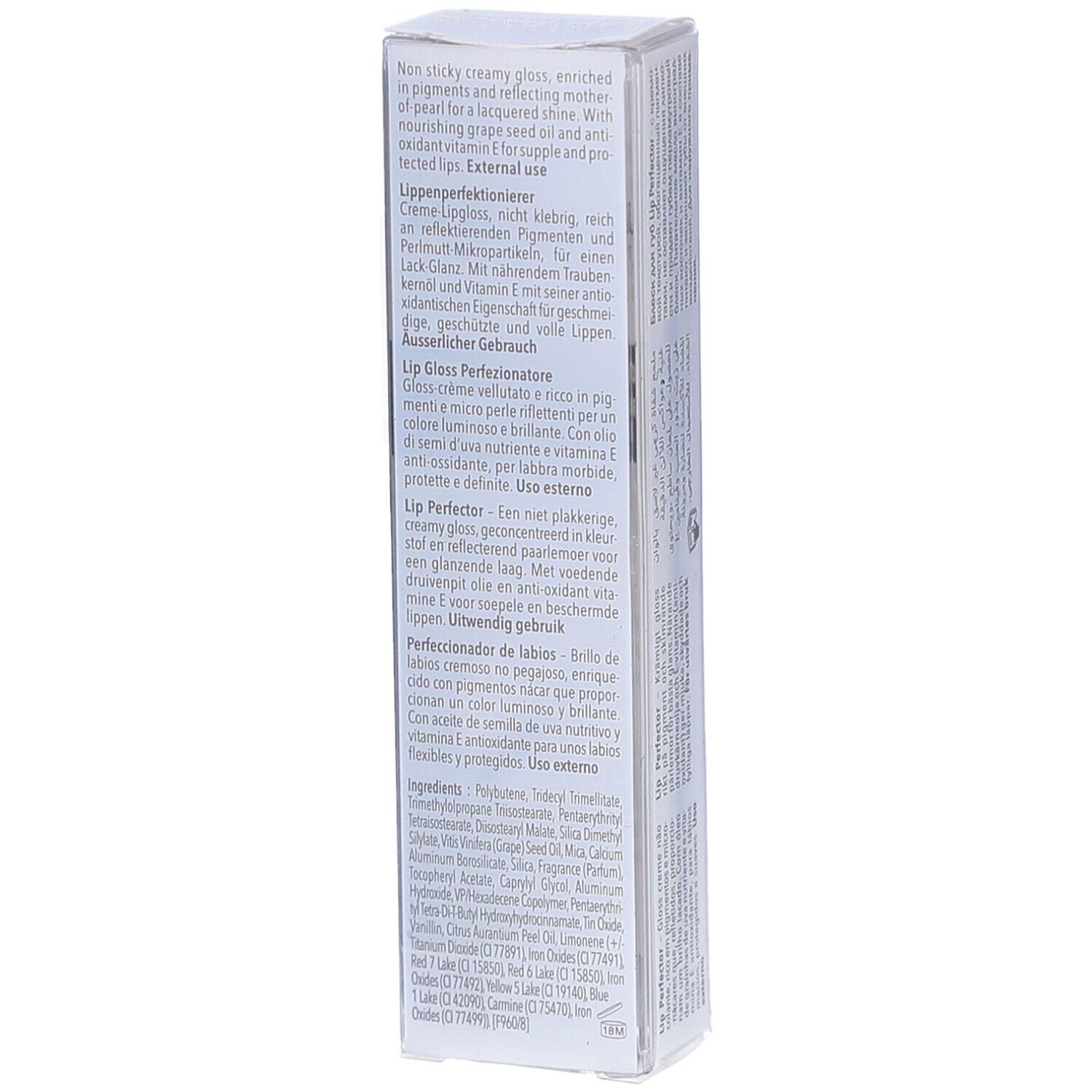 Dos de l'emballage du gloss à lèvres. Texte en plusieurs langues. Ingrédients et instructions d'utilisation.