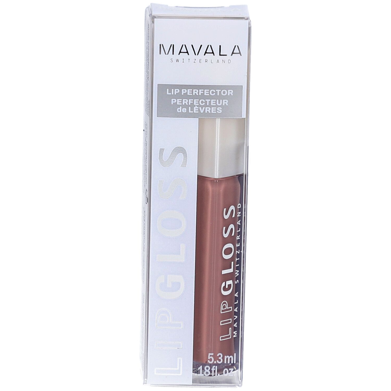 Gloss à lèvres dans son emballage. Marque Mavala, inscription Lipgloss. Teinte Nougat. Volume 5,3 ml.