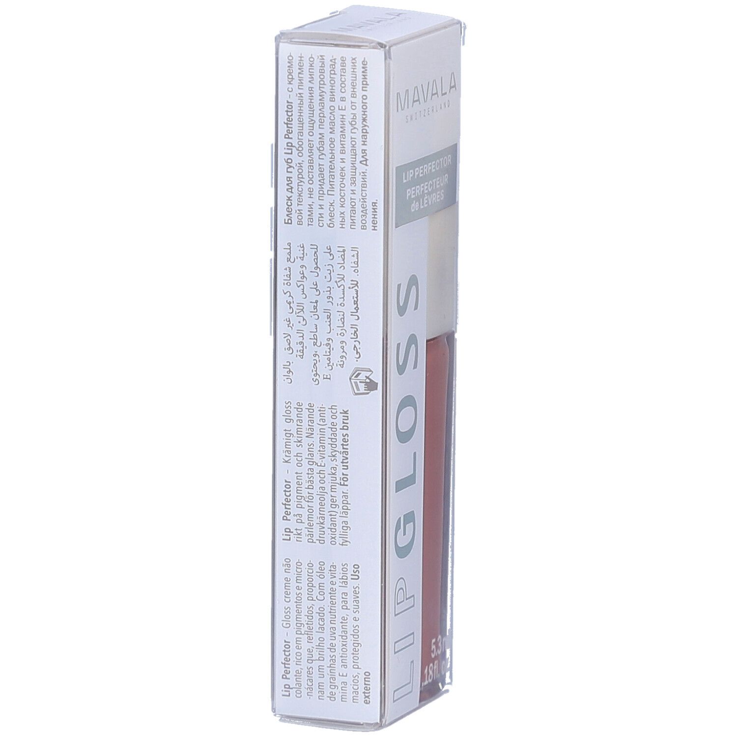 Verpakking van de Mavala Lip Gloss. Meertalige tekst. Productnaam en volume. Kleur Caramel.