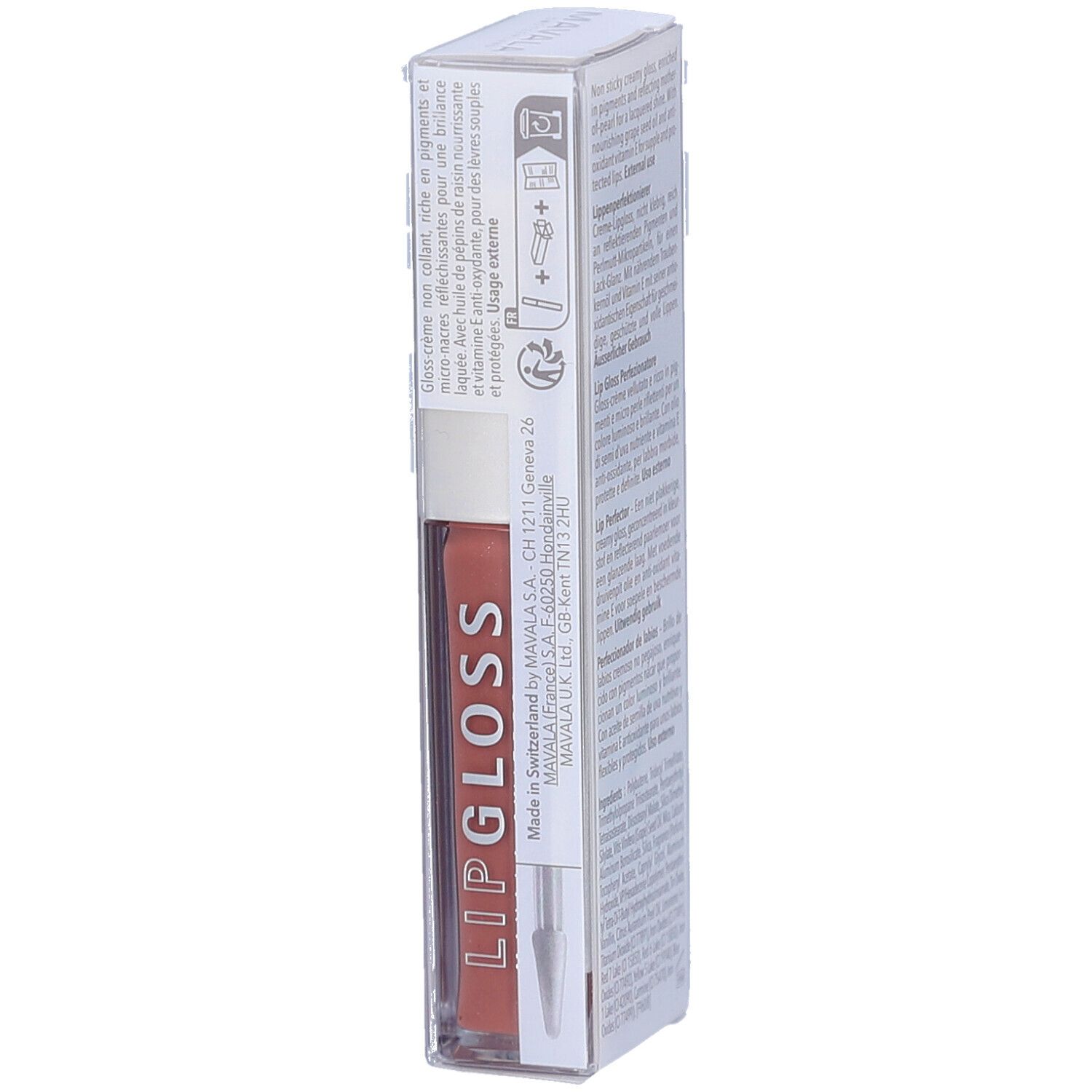 Verpakking van de Mavala Lip Gloss, kleur Caramel. Product en applicator zichtbaar. Gemaakt in Zwitserland.