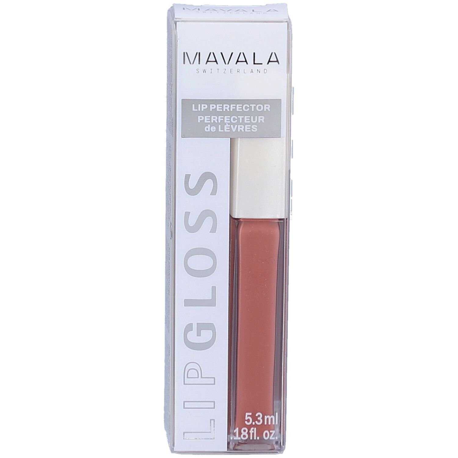 Mavala Lip Gloss in verpakking. Kleur Caramel. Transparante huls met wit deksel. 5,3 ml.