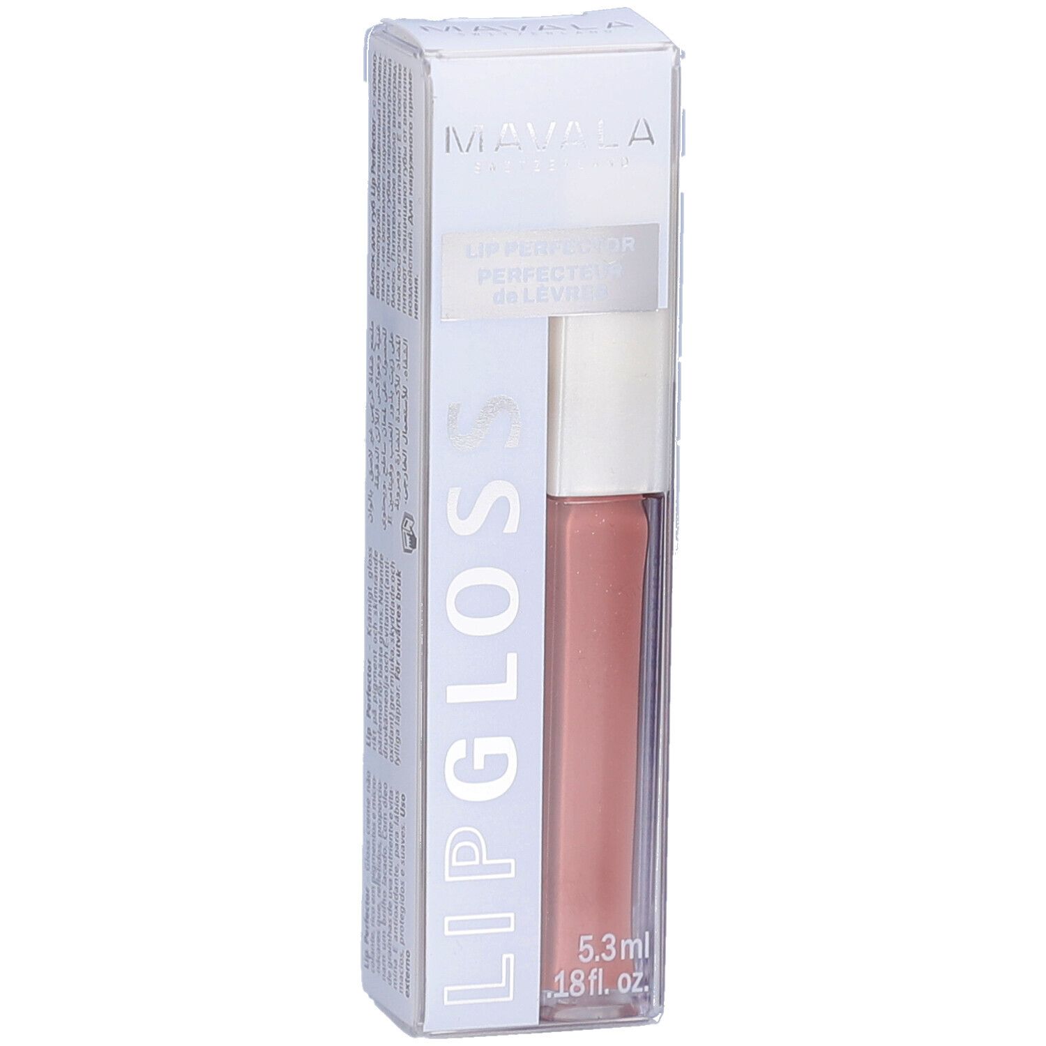 Mavala Lip Gloss in verpakking. Kleur Caramel. Transparante huls met wit deksel. 5,3 ml.