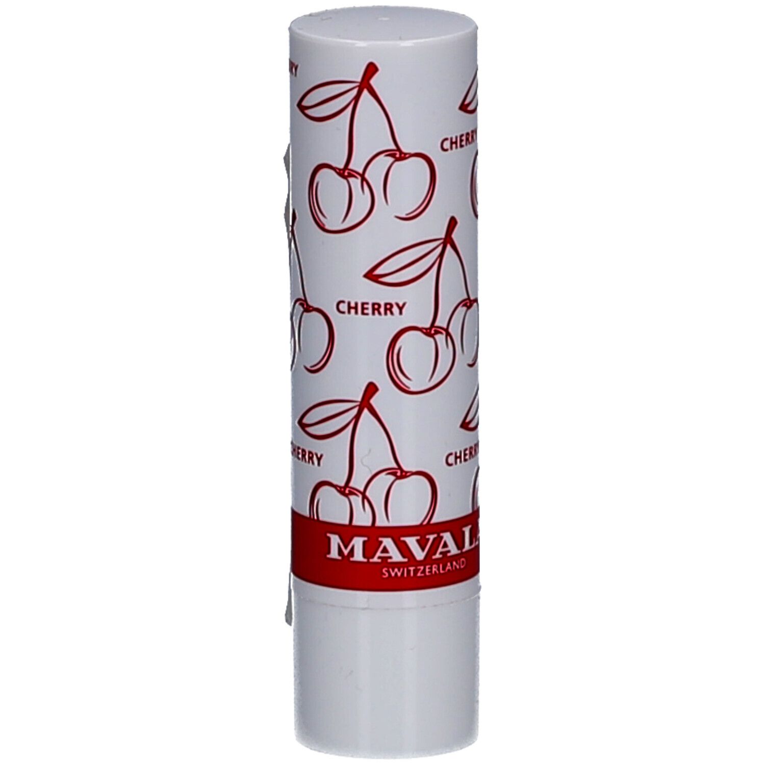 Stick de baume à lèvres blanc avec motif cerises et inscription rouge "CHERRY". Marque : MAVALA, Suisse.