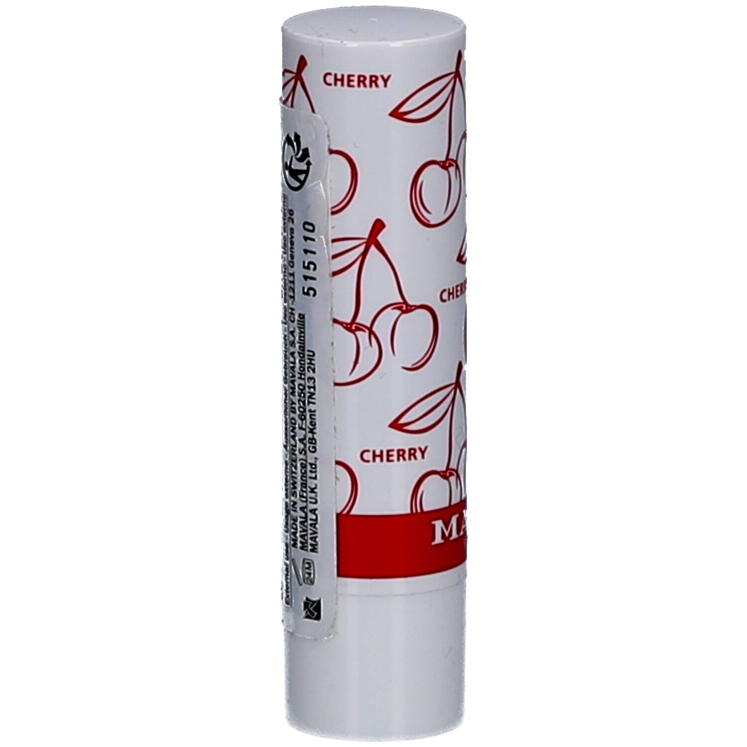 Stick de baume à lèvres blanc avec motif cerises et texte rouge. Autocollant avec texte et code-barres.