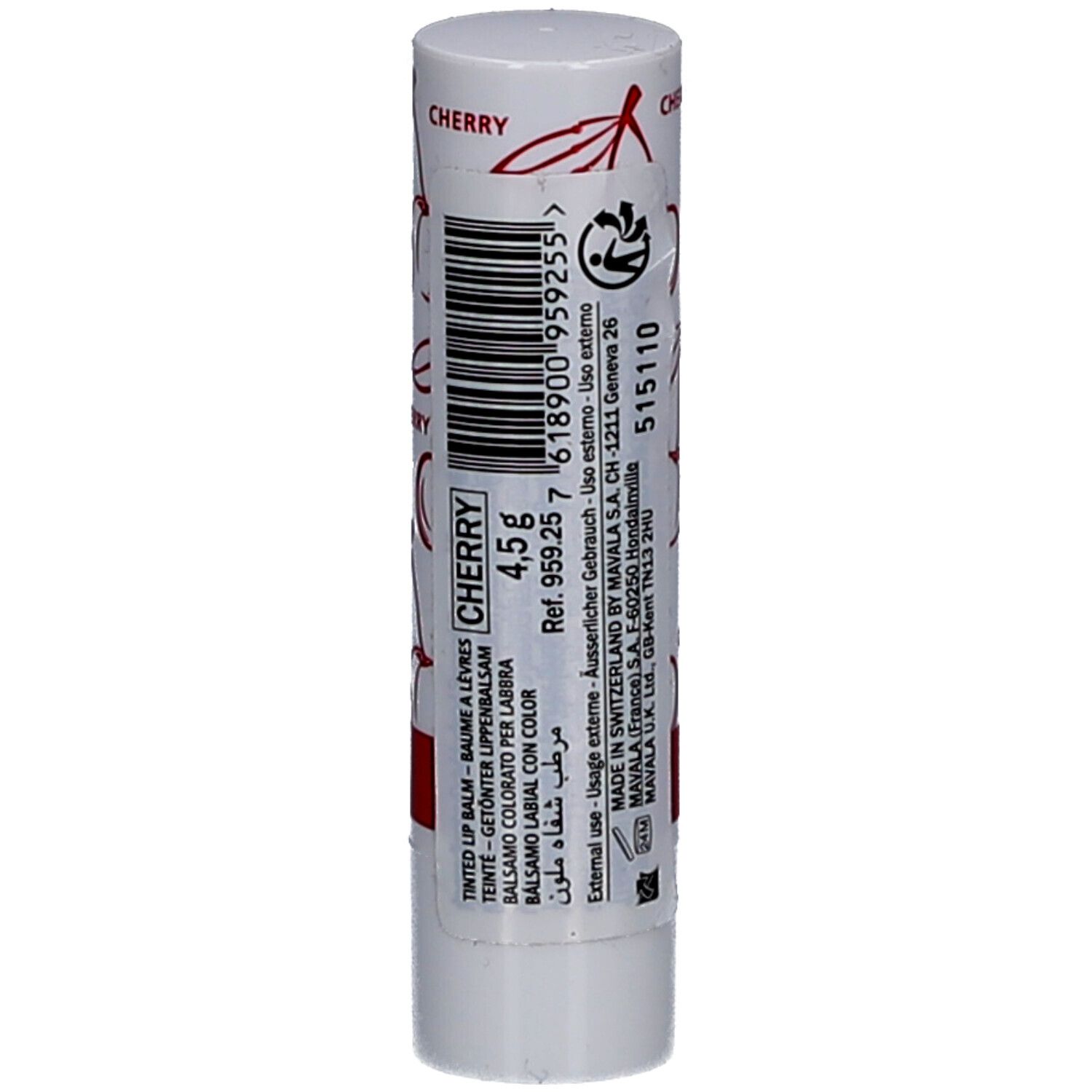 Stick de baume à lèvres blanc avec motif cerises et texte rouge. Texte avec informations et code-barres.