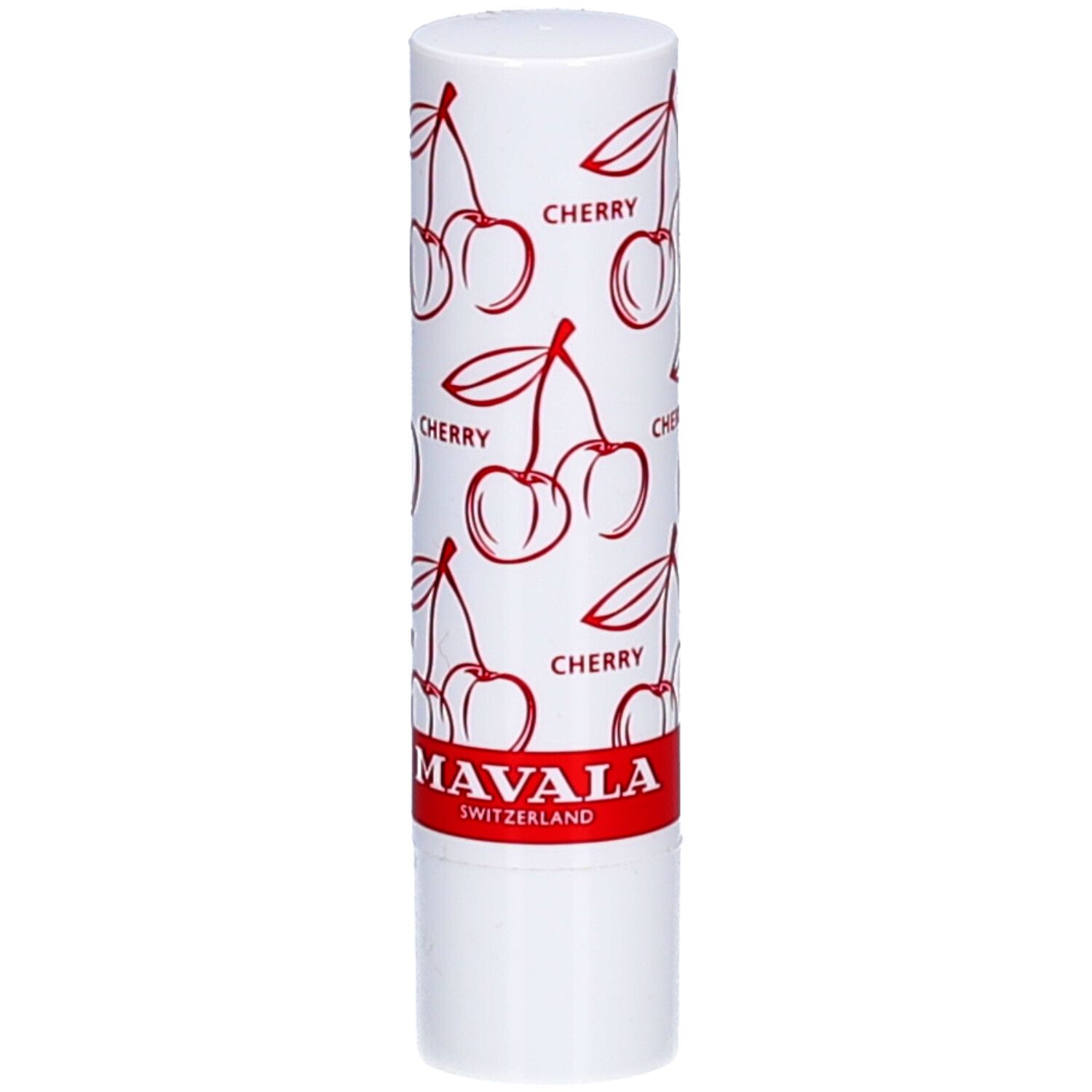 Stick de baume à lèvres blanc avec motif cerises et inscription rouge "CHERRY". Marque : MAVALA, Suisse.