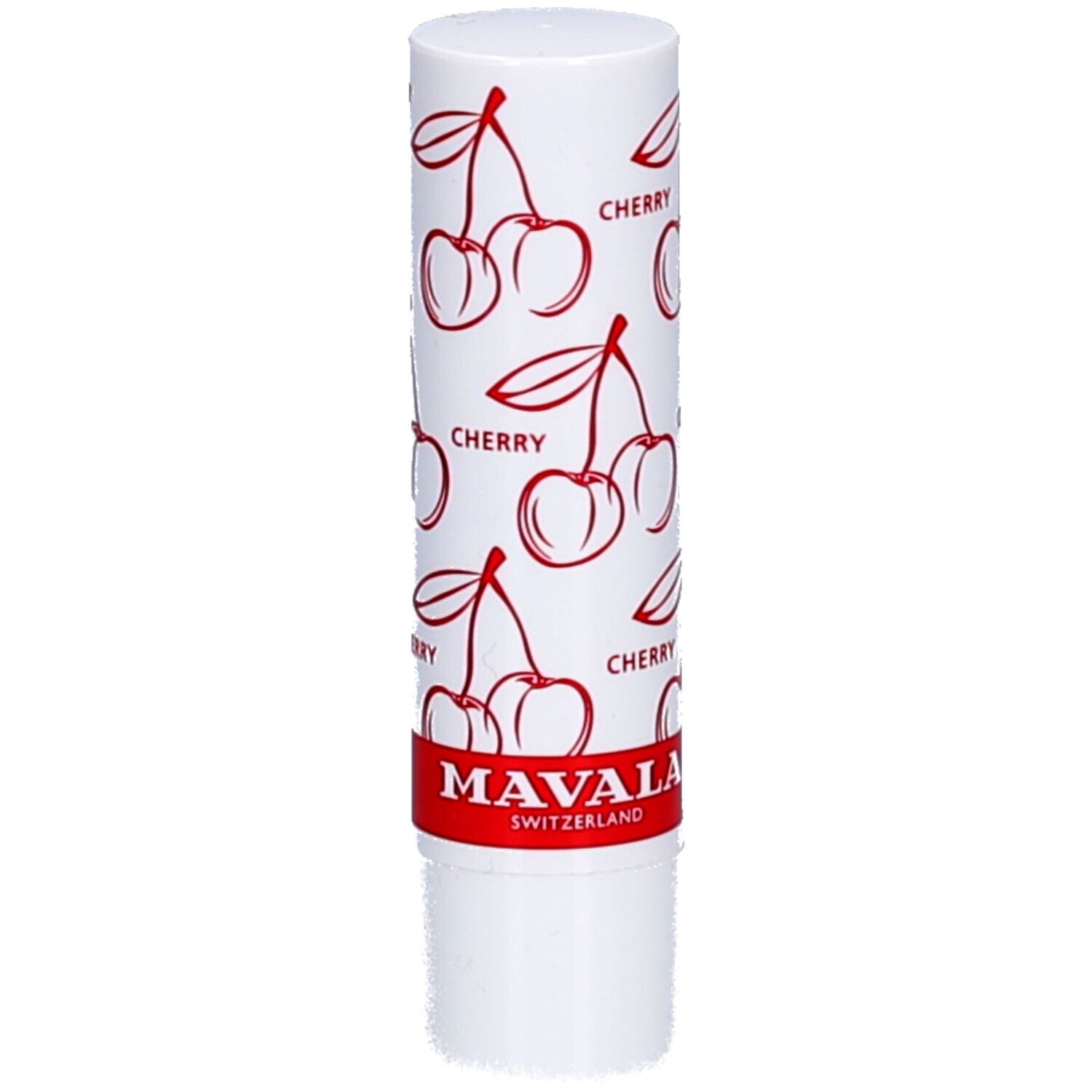 Stick de baume à lèvres blanc avec motif cerises et inscription rouge "CHERRY". Marque : MAVALA, Suisse.