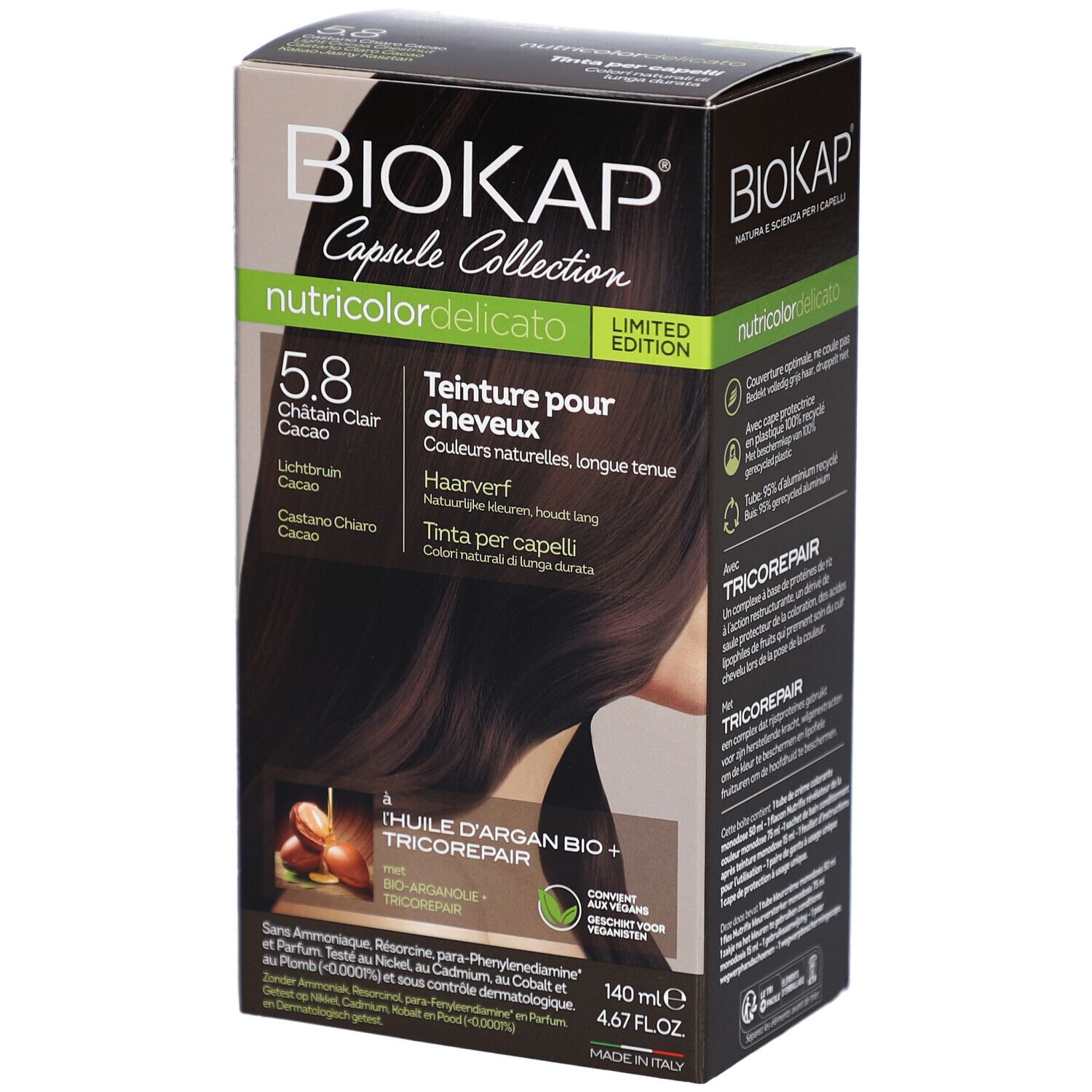 Boîte de teinture capillaire BIOKAP Nutricolordelicato 5.8 Cacao. Face avant avec nom du produit, nuance, illustration de cheveux et ingrédients.