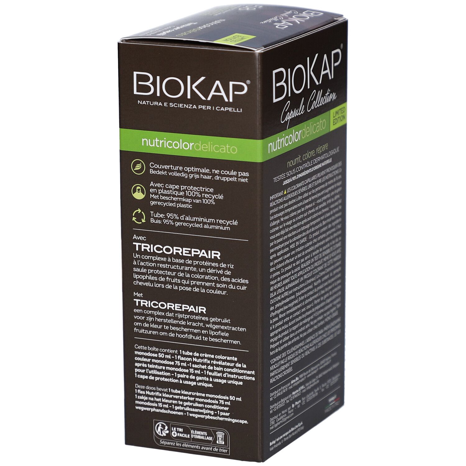Côté de la boîte de teinture capillaire BIOKAP Nutricolordelicato 5.8 Cacao. Informations textuelles et logos.