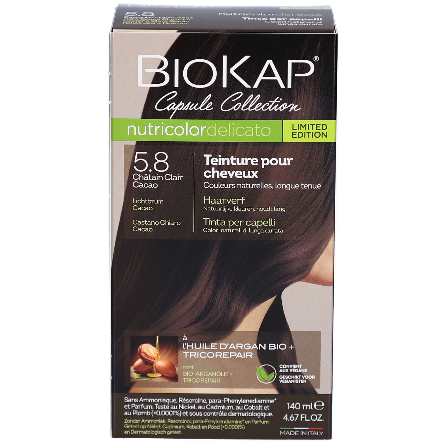 Boîte de teinture capillaire BIOKAP Nutricolordelicato 5.8 Cacao. Face avant avec nom du produit, nuance, illustration de cheveux et ingrédients.