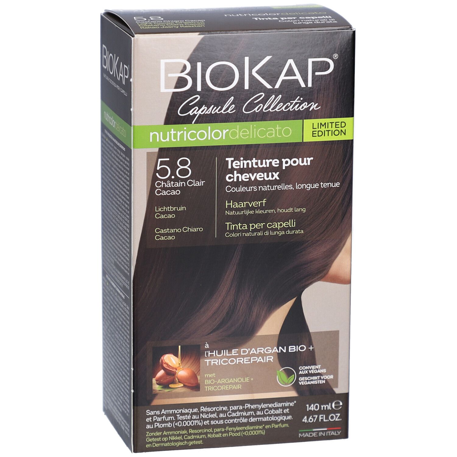 Boîte de teinture capillaire BIOKAP Nutricolordelicato 5.8 Cacao. Face avant avec nom du produit, nuance, illustration de cheveux et ingrédients.