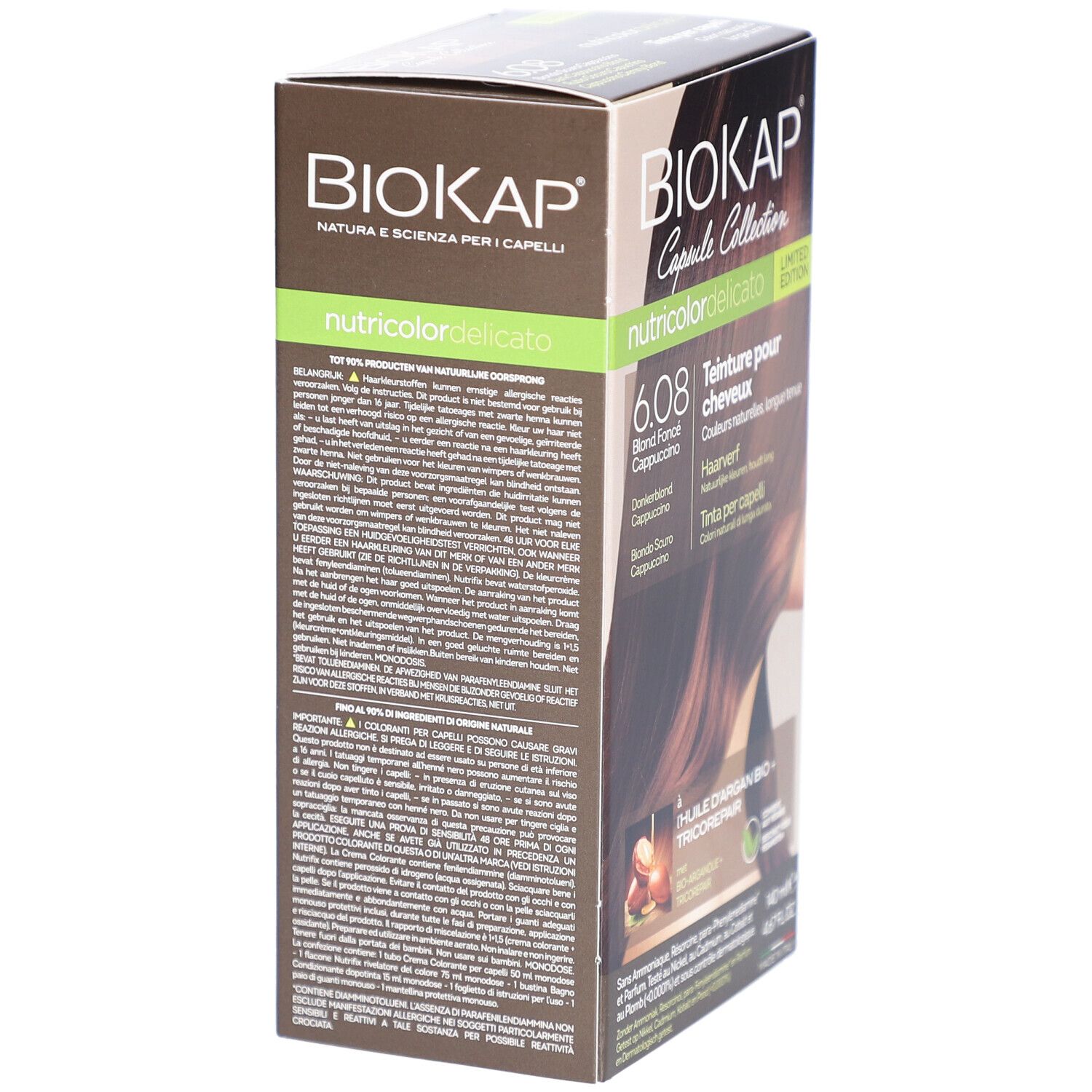 Boîte de teinture capillaire BIOKAP. Texte sur le côté. Contient des informations sur les ingrédients et l'utilisation.