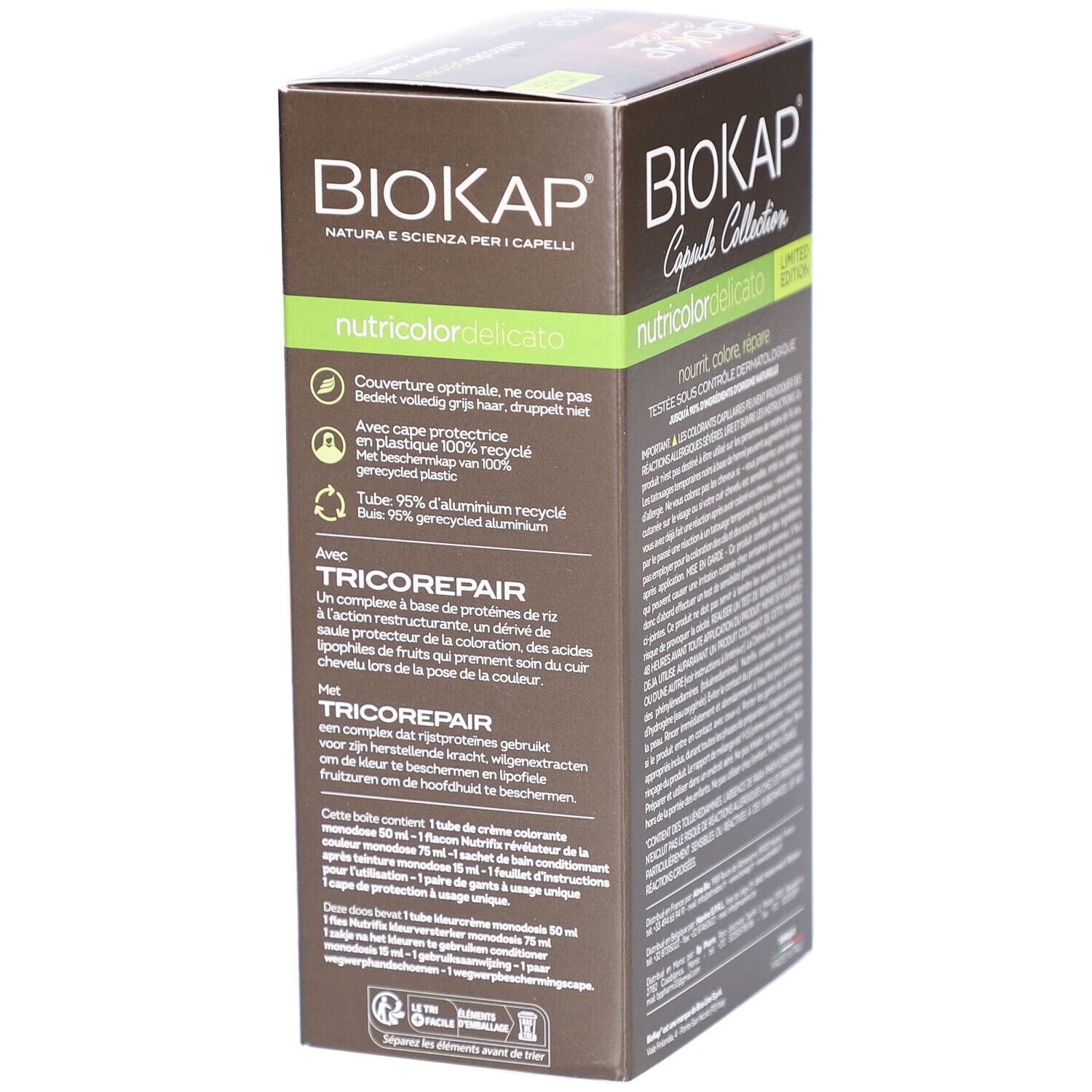 Boîte de teinture capillaire BIOKAP. Texte sur le côté. Contient des informations sur les ingrédients et l'utilisation.