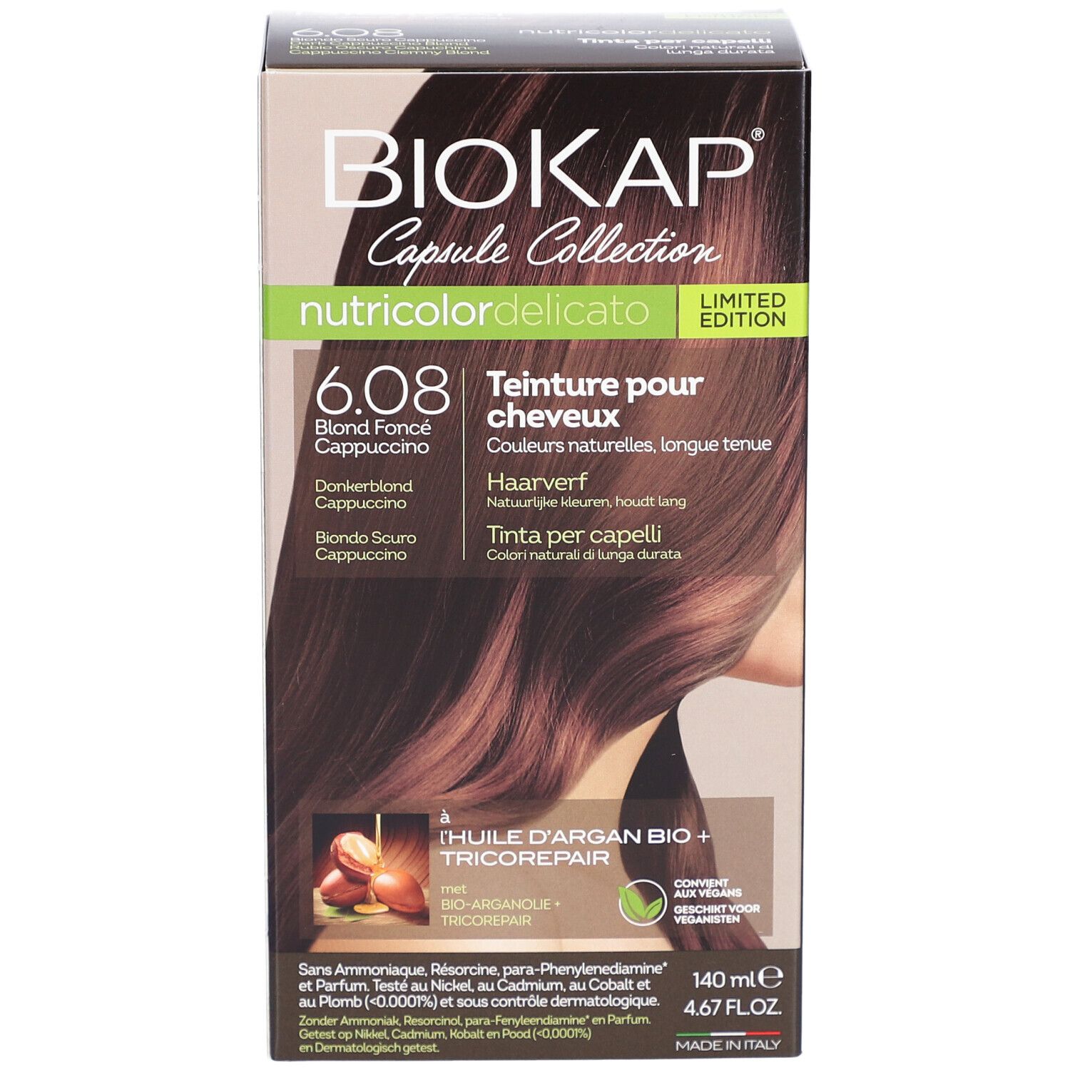 Boîte de teinture capillaire BIOKAP. Inscription : 6.08 Blond Fonce Cappuccino. Image d'une femme aux cheveux bruns. Ingrédients.