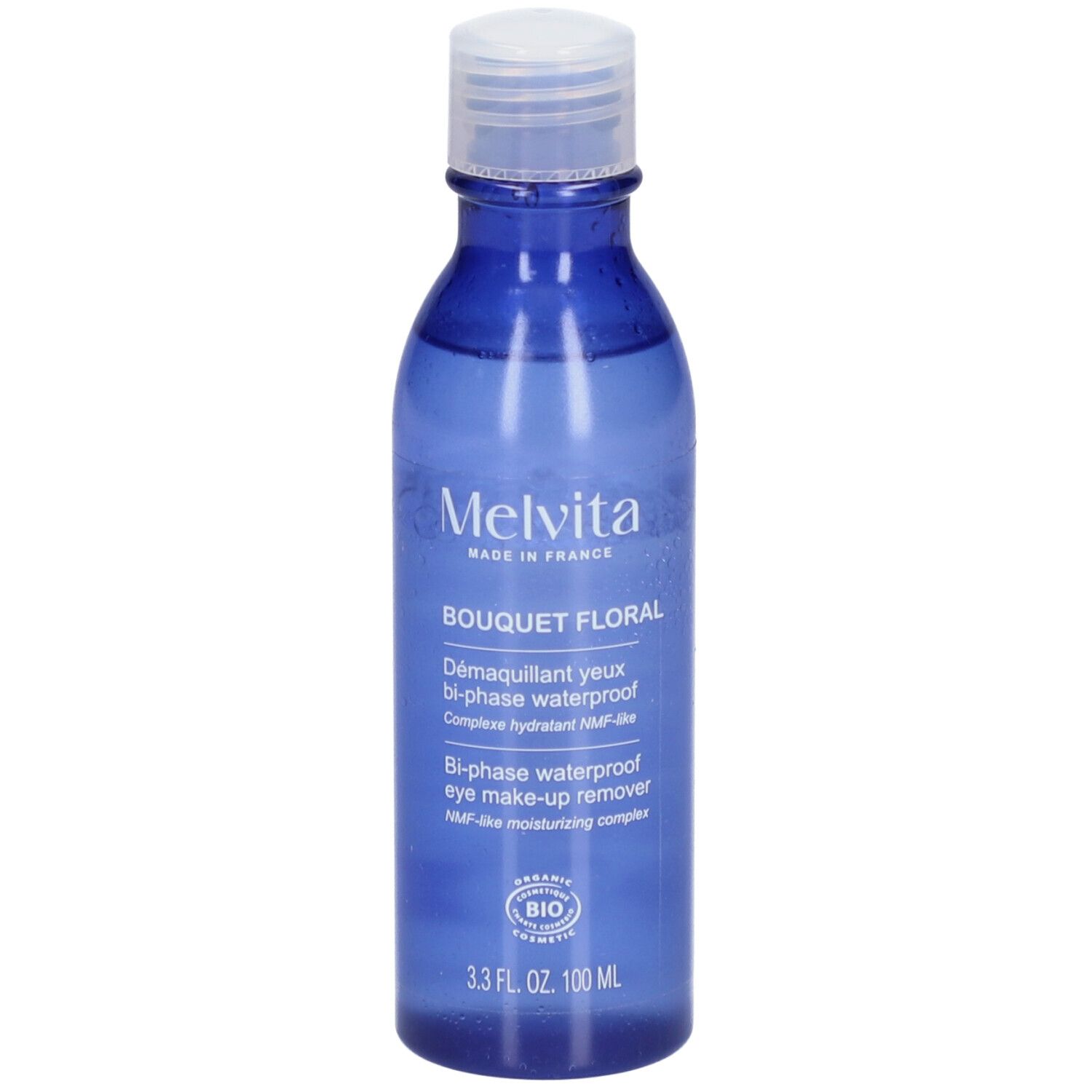 Blauwe fles met witte dop. Opschrift: Melvita, Bouquet Floral, Démaquillant yeux bi-phase waterproof. Bio-certificering.