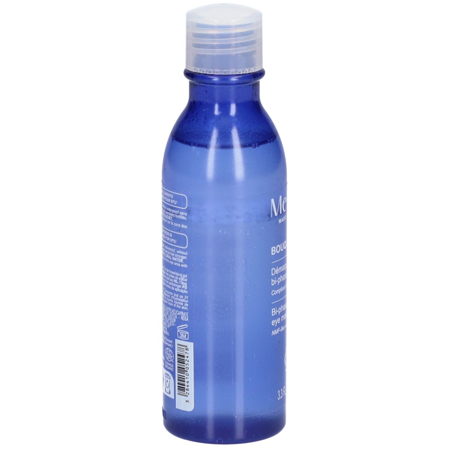 Blauwe fles met witte dop. Opschrift: Melvita, Bouquet Floral, Démaquillant yeux bi-phase waterproof. Tekst op de achterkant.
