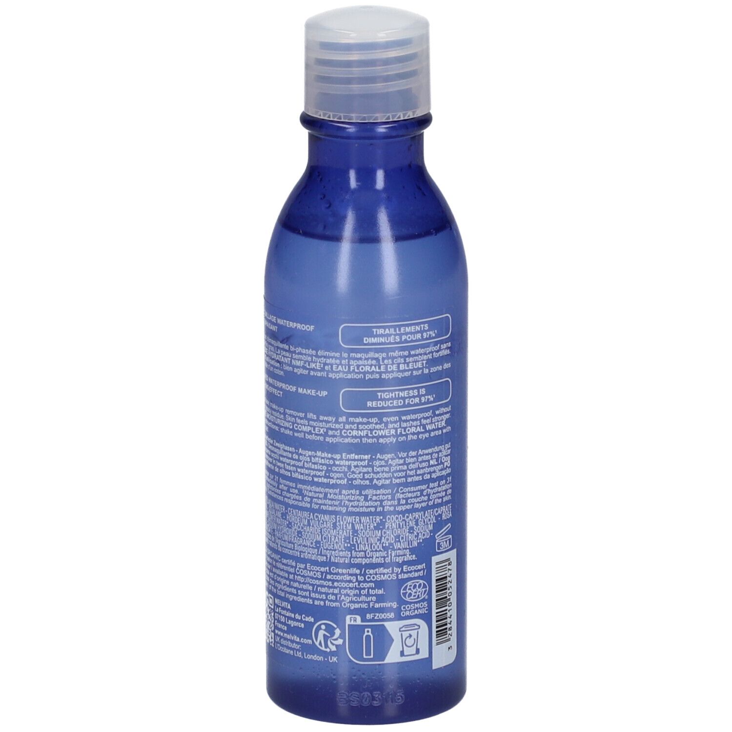 Blauwe fles met witte dop. Opschrift: Melvita, Bouquet Floral, Démaquillant yeux bi-phase waterproof. Tekst op de achterkant.
