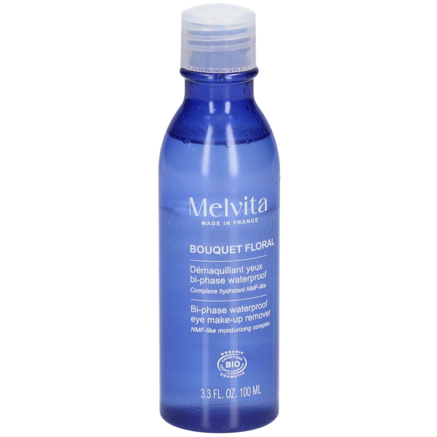 Blauwe fles met witte dop. Opschrift: Melvita, Bouquet Floral, Démaquillant yeux bi-phase waterproof. Bio-certificering.