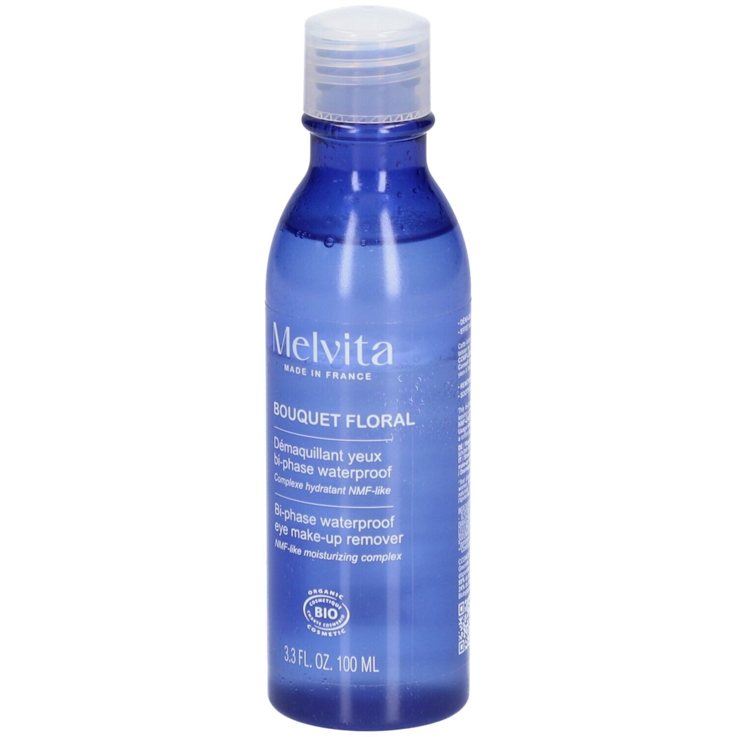 Blauwe fles met witte dop. Opschrift: Melvita, Bouquet Floral, Démaquillant yeux bi-phase waterproof. Bio-certificering.