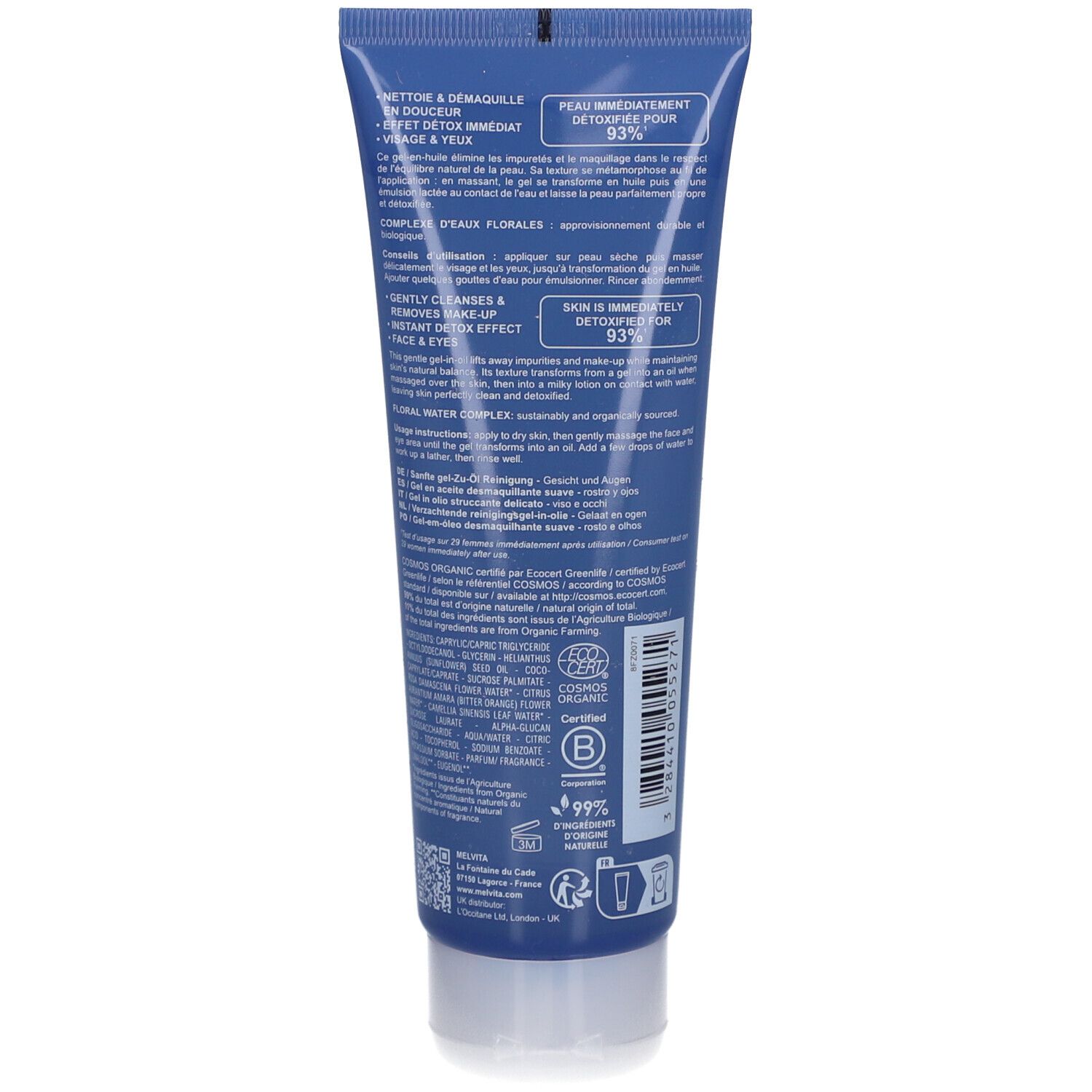 Dos du tube bleu. Texte: Nettoie & démaquille, effet detox immédiat. Certification Bio. Ingrédients.