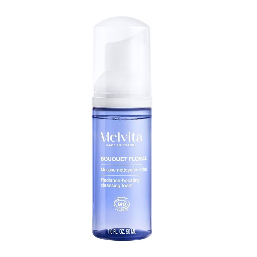 Melvita reinigingsschuim met pompdispenser, blauwe fles, 50ml.