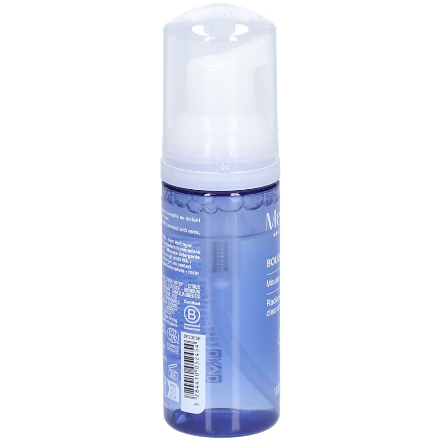 Blauwe transparante fles met witte pomp. Tekst en barcode op de achterkant. MELVITA, Bouquet Floral, Mousse nettoyante éclat.