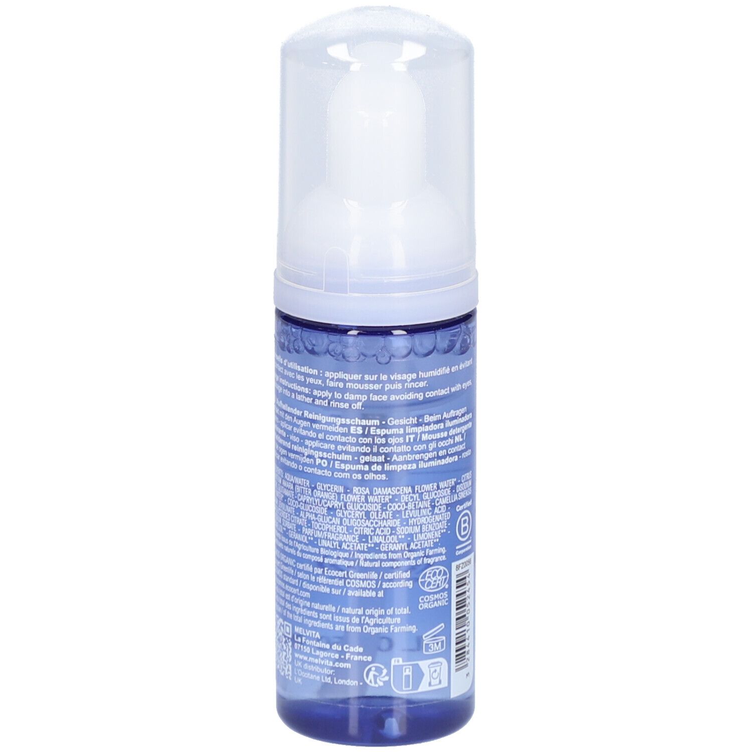 Blauwe transparante fles met witte pomp. Tekst op de achterkant. MELVITA, Bouquet Floral, Mousse nettoyante éclat, bio-certificering.